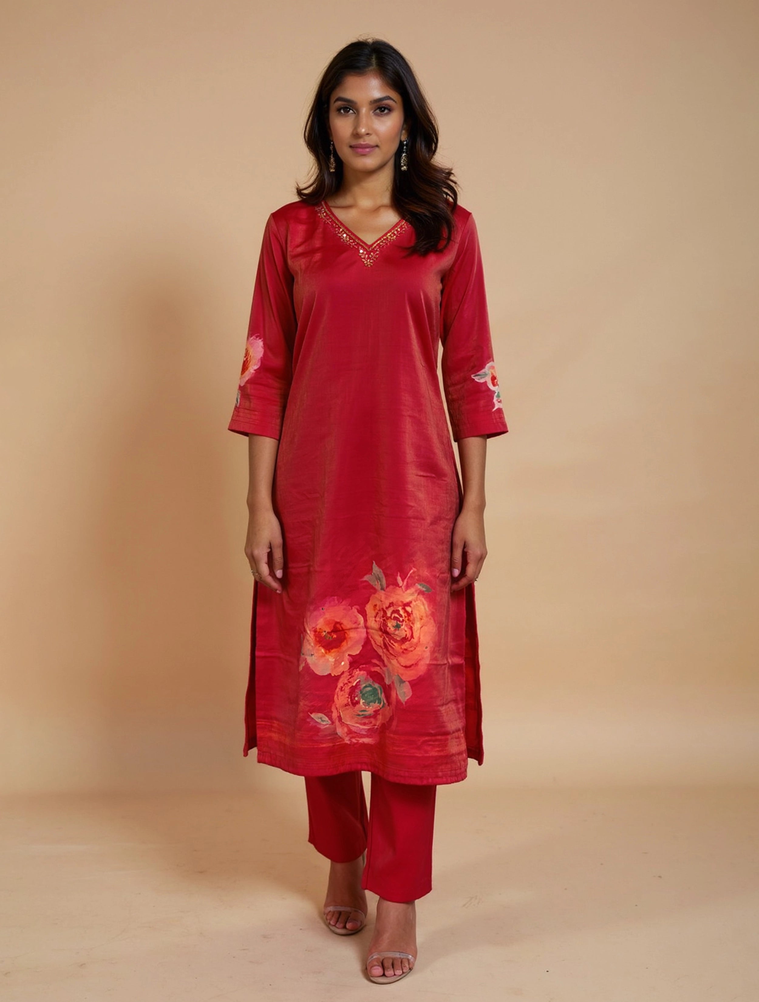trueBrowns Pink Floral Print Kurta Pant Dupatta Set