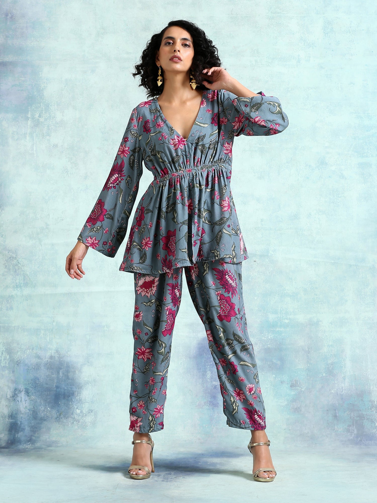 Grey Printed Velvet Co-Ord Set