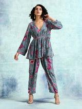 Grey Printed Velvet Co-Ord Set