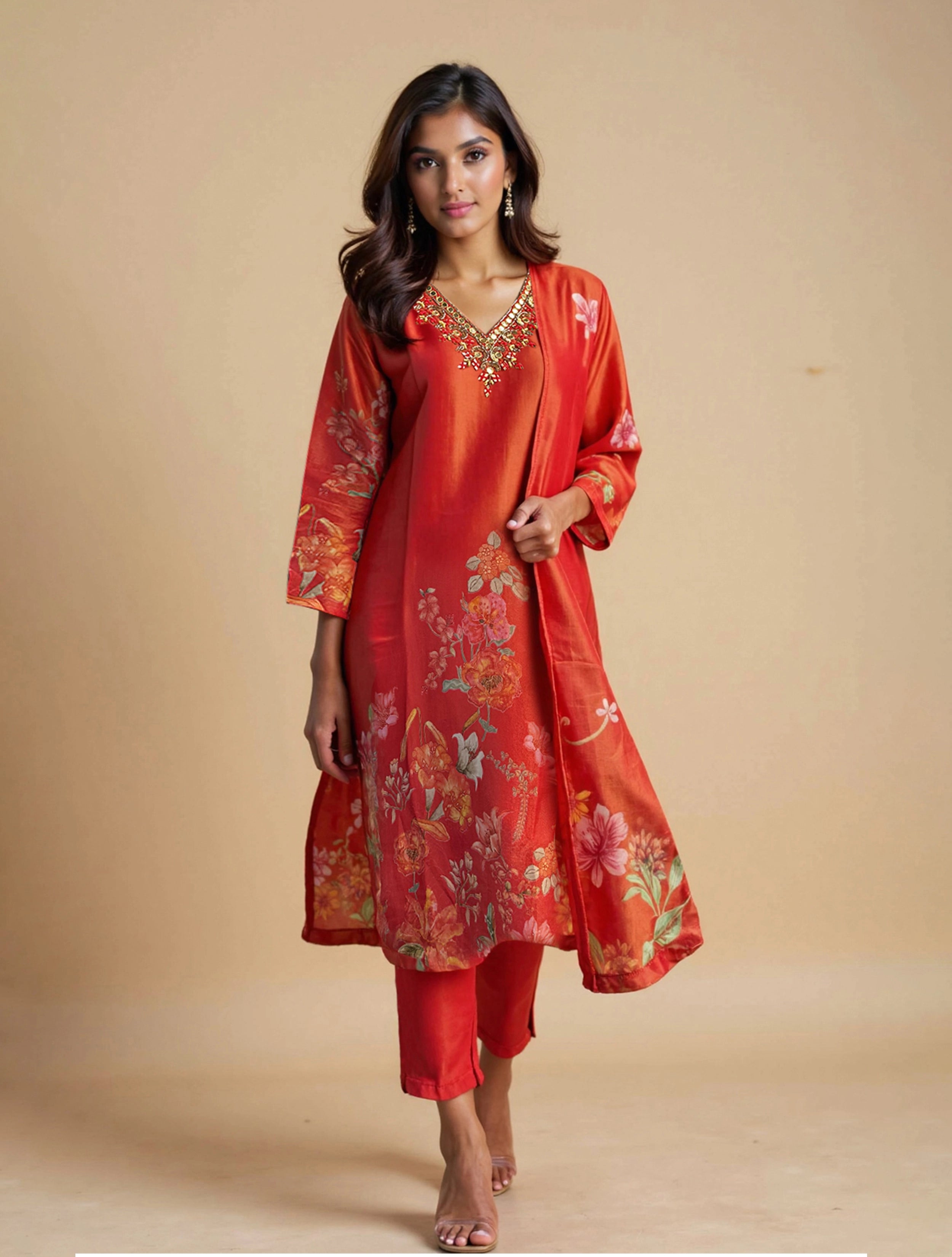 trueBrowns Orange Printed Straight Kurta Pant Dupatta Set