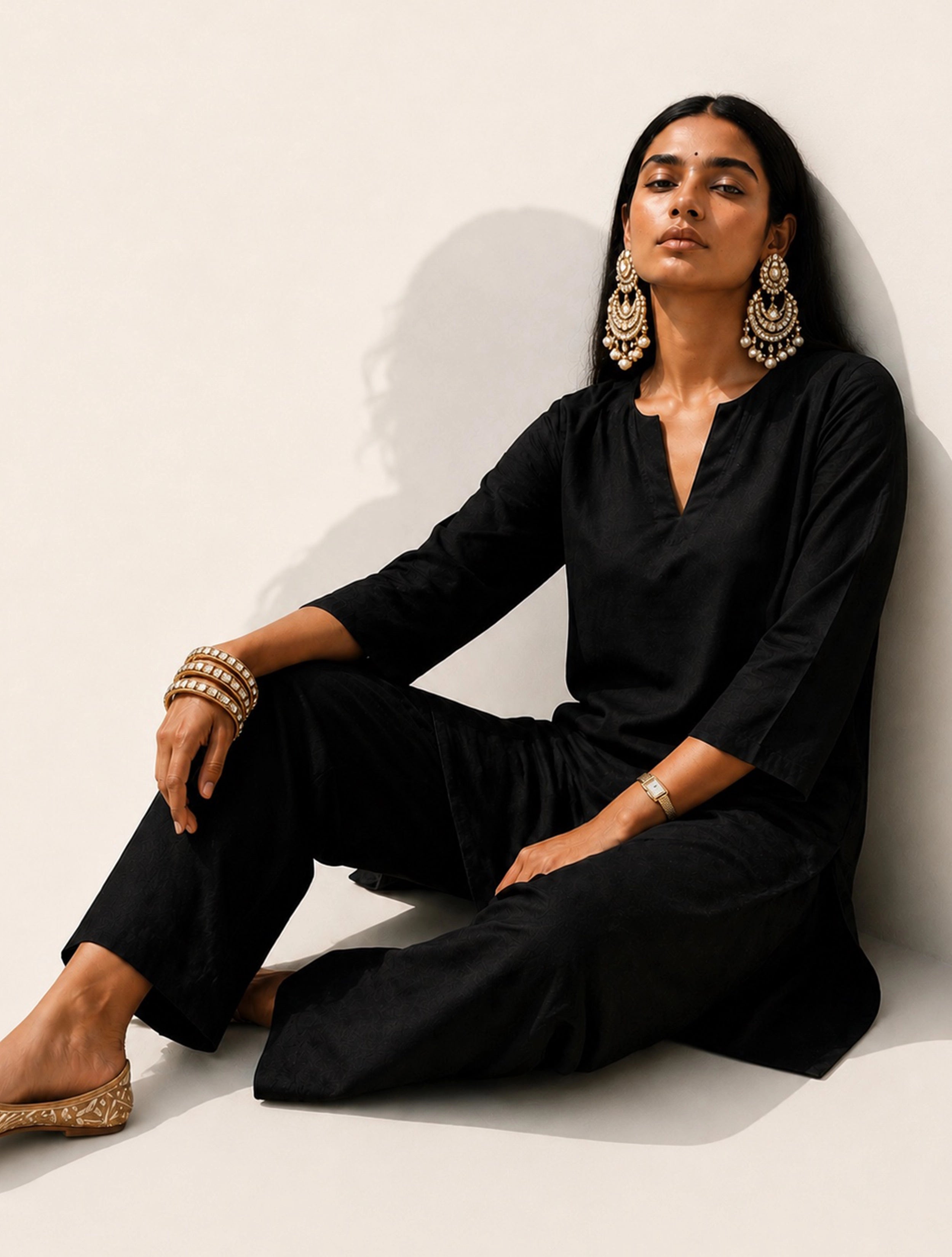 trueBrowns Black Solid Viscose Kurta Co-Ord Set