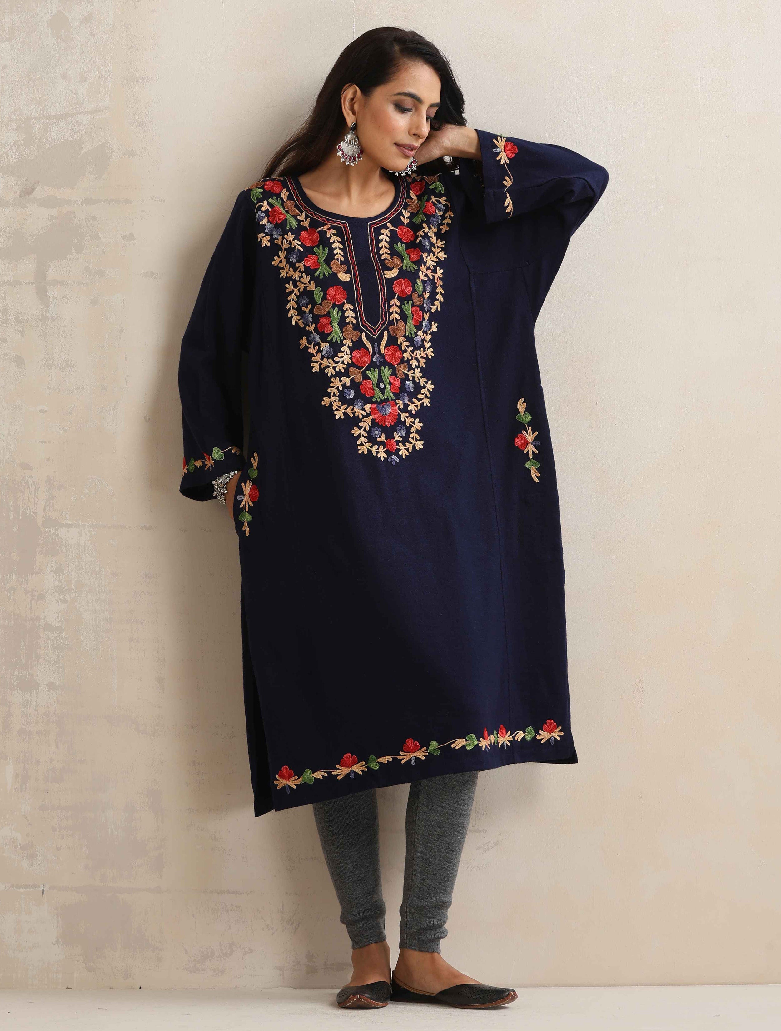trueBrowns Blue Kashmiri Embroidered Woollen Phiran Kurta