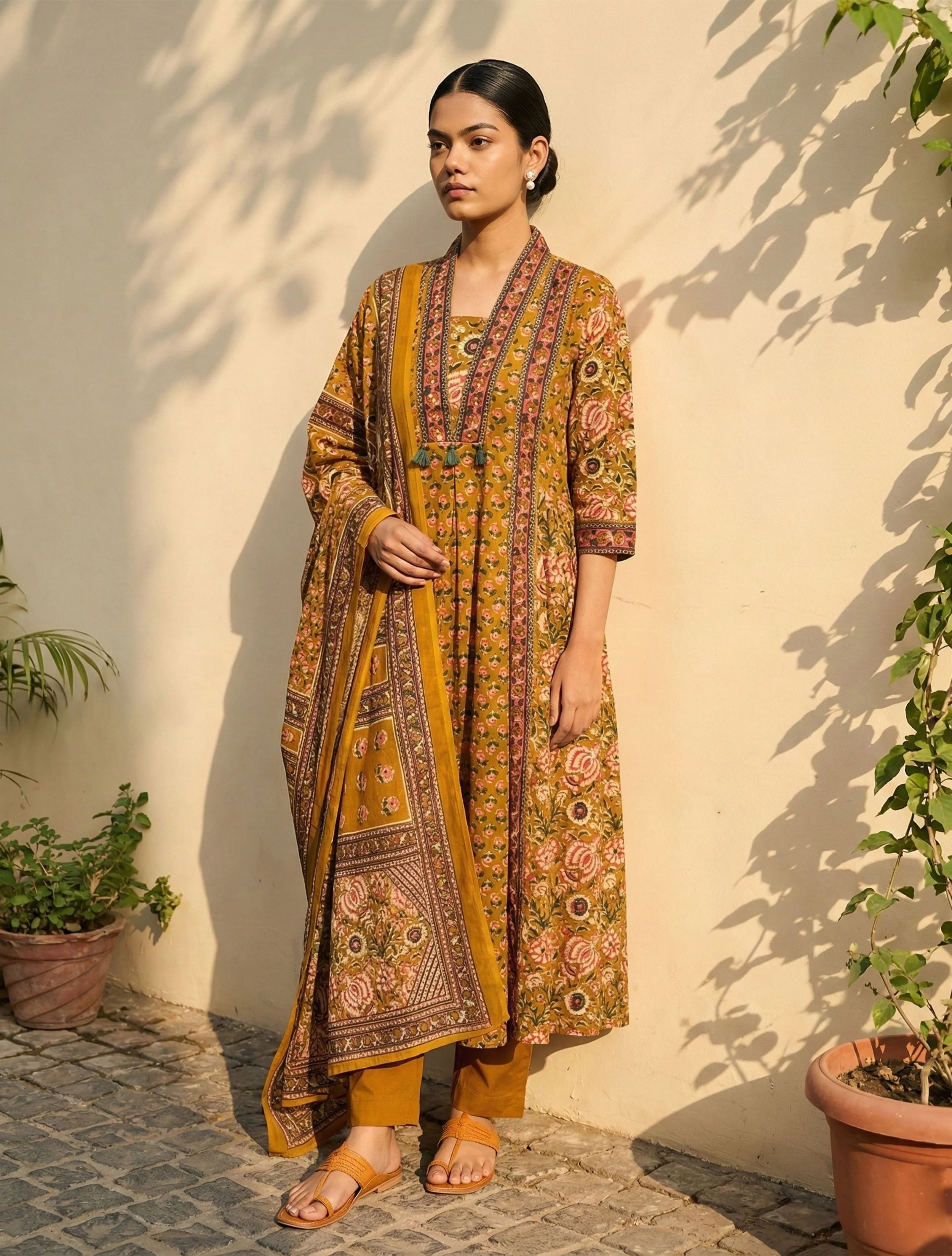 trueBrowns Mustard Floral Print Anarkali Kurta Pant Dupatta Set