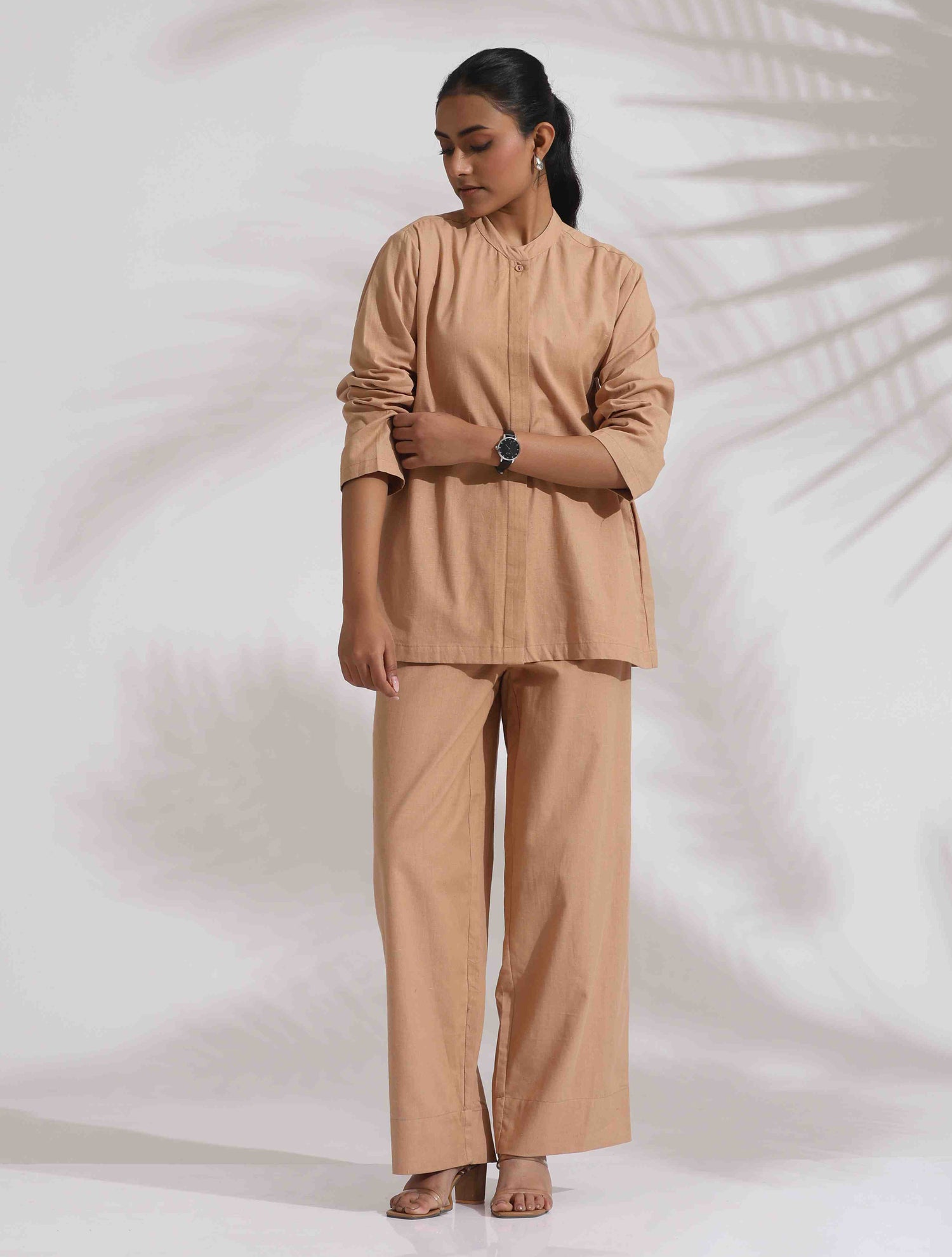 trueBrowns Beige Cotton Embroidered Shirt Top Co-ord Set