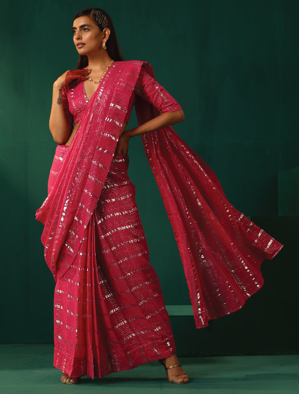 trueBrowns Rani Pink Cotton Silver Striped Ready To Wear Saree