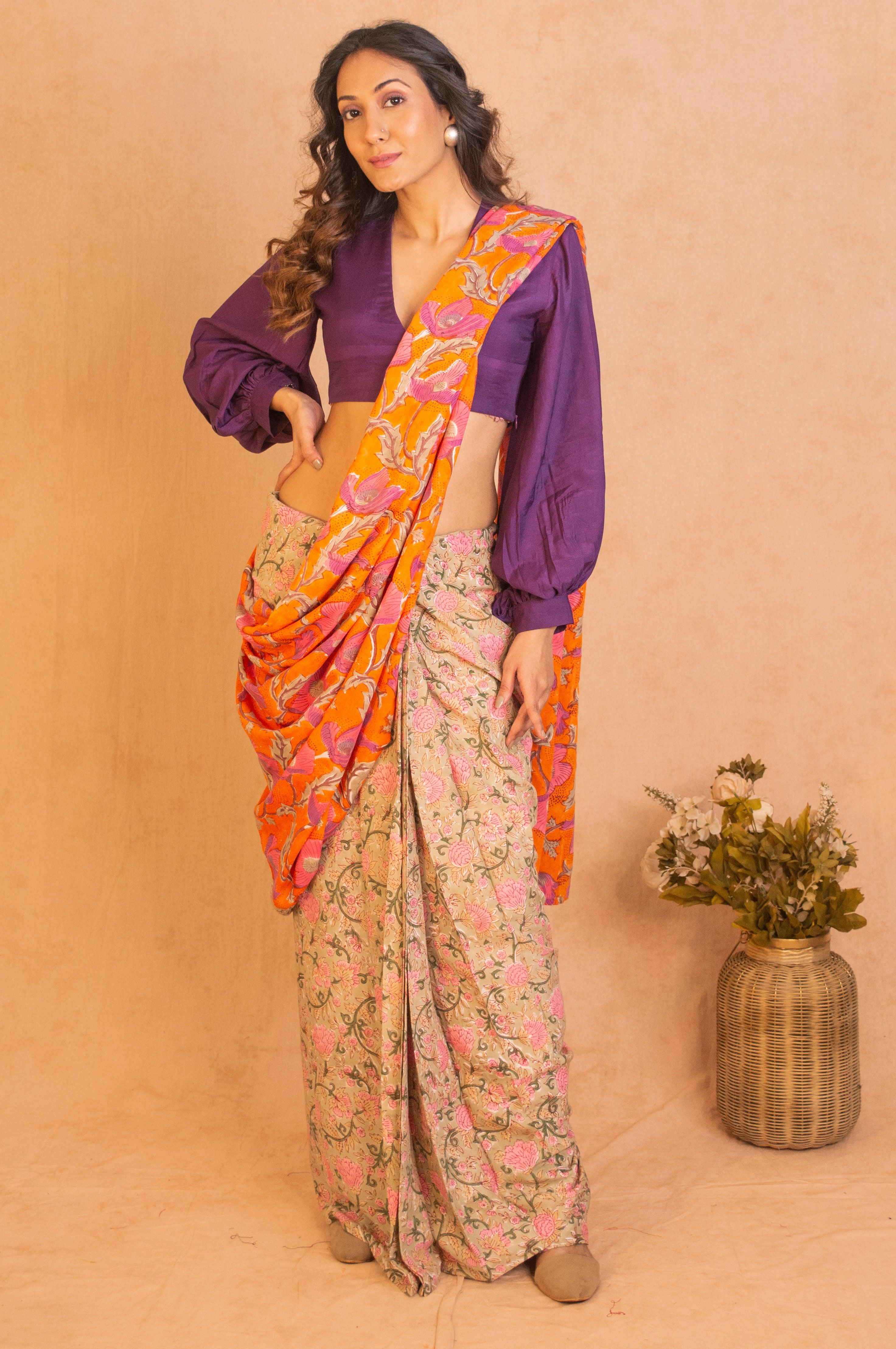 Orange Green Hand Block Printed Ready Pleated Silk Saree - trueBrowns