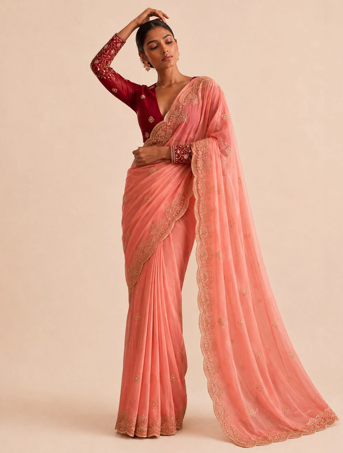 trueBrowns Peach Boota Embroidered Georgette Saree With Unstitched Blouse