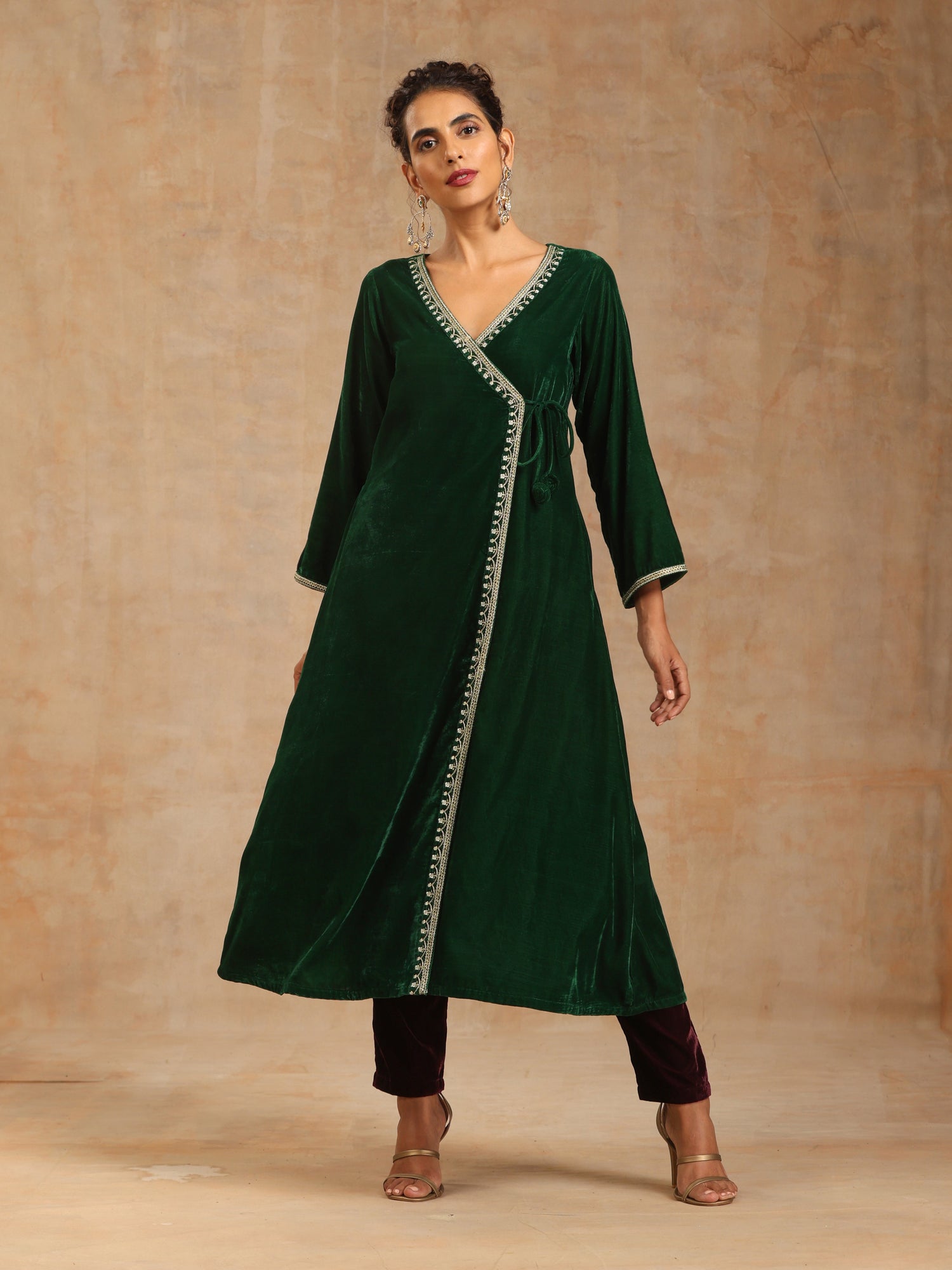 trueBrowns Olive Green Velvet Embroidered Kaftan Kurta Set