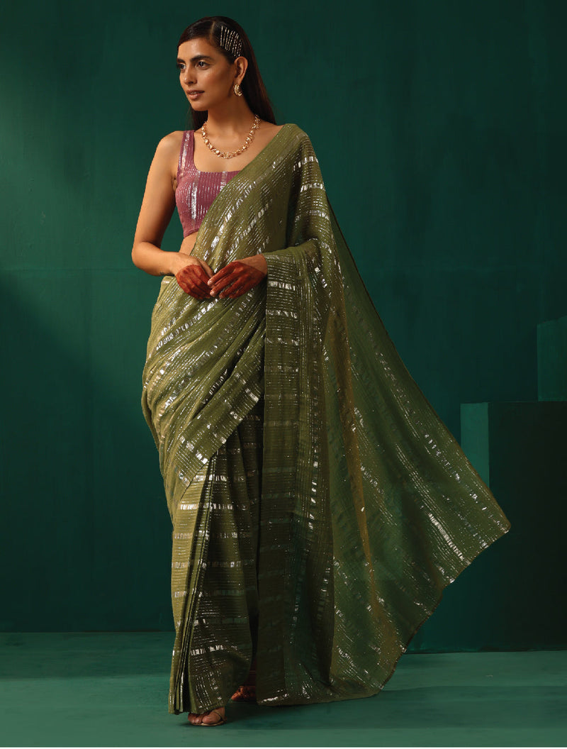 trueBrowns Sage Green Cotton Silver Lurex Striped Pre-Stitched Saree