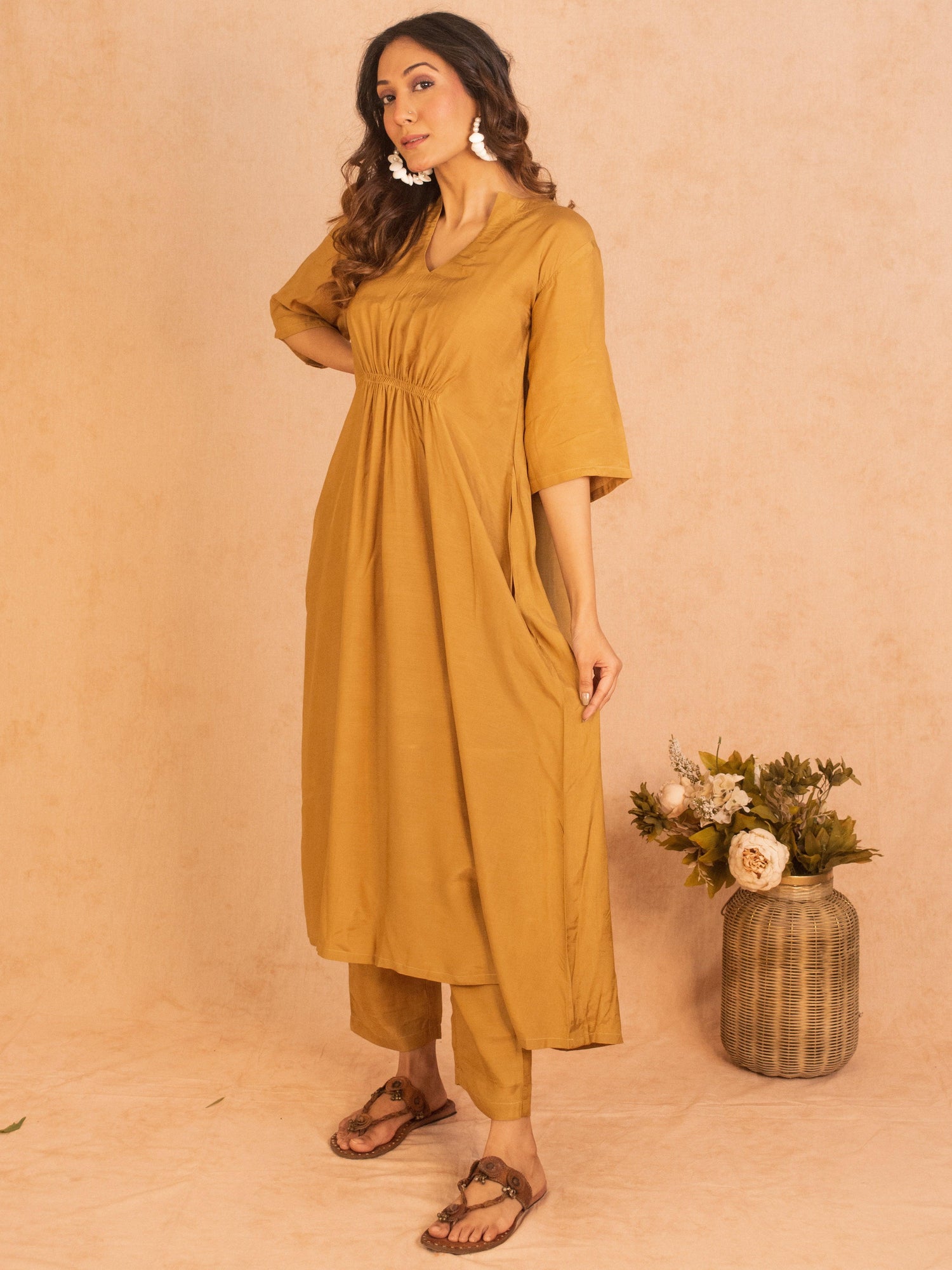Silk Gold Flared Kurta Pant Set - trueBrowns