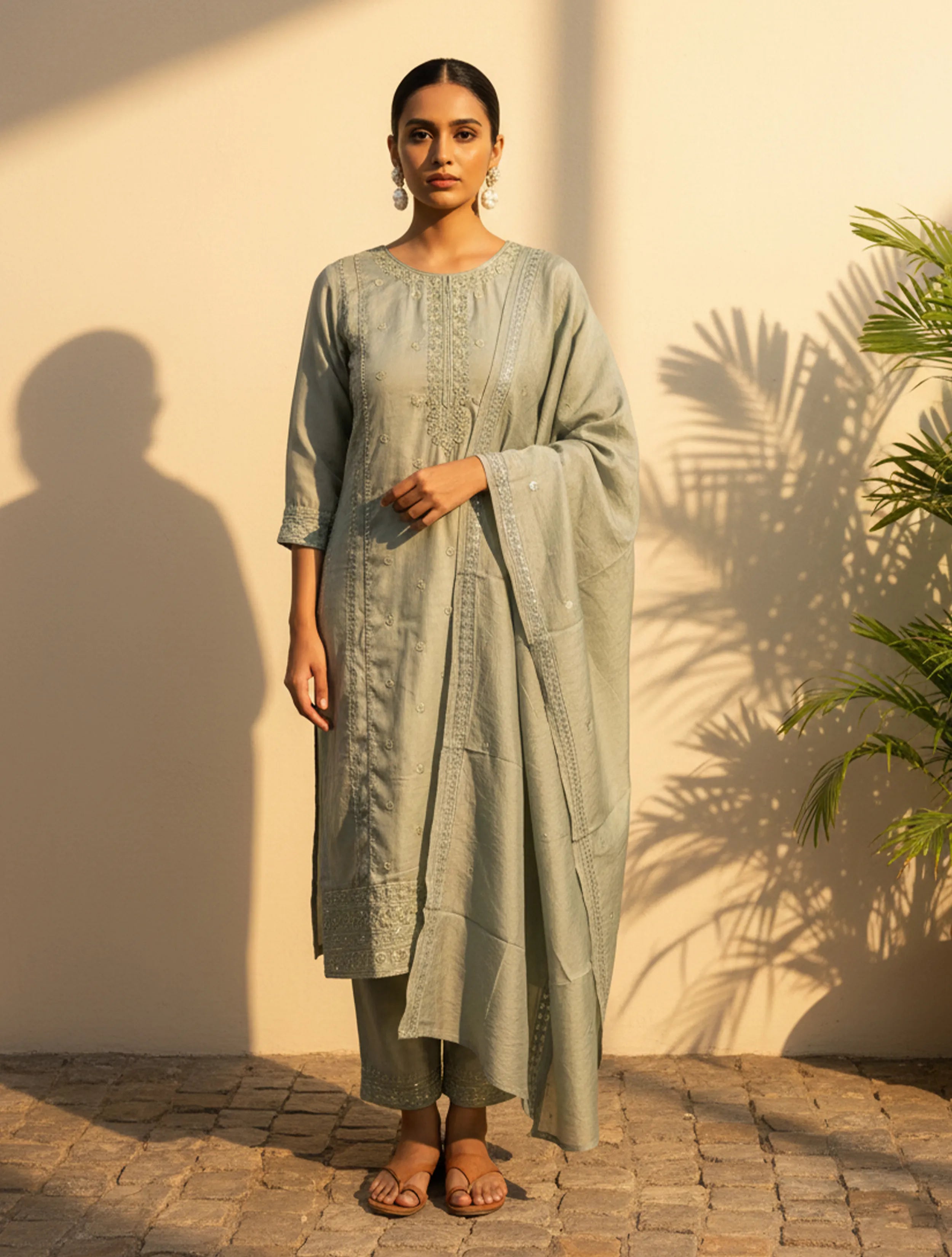 trueBrowns Sage Green Embroidered Straight Kurta Pant Dupatta Set