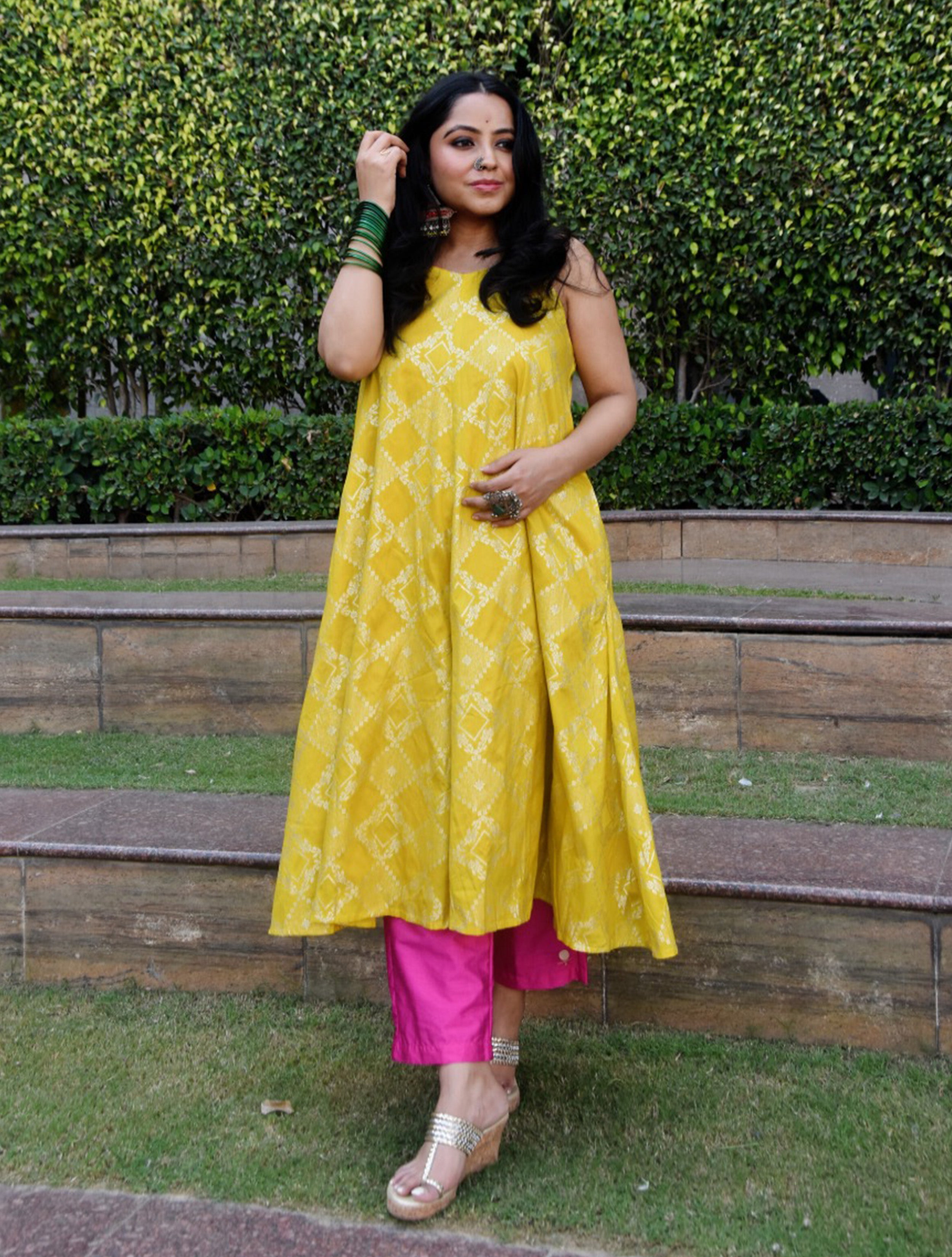 trueBrowns Lime Brocade Flared Kurta Set