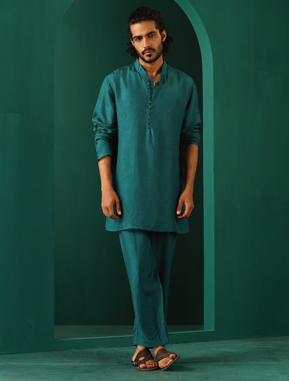 trueBrowns Men Teal Silk Co-ord Set