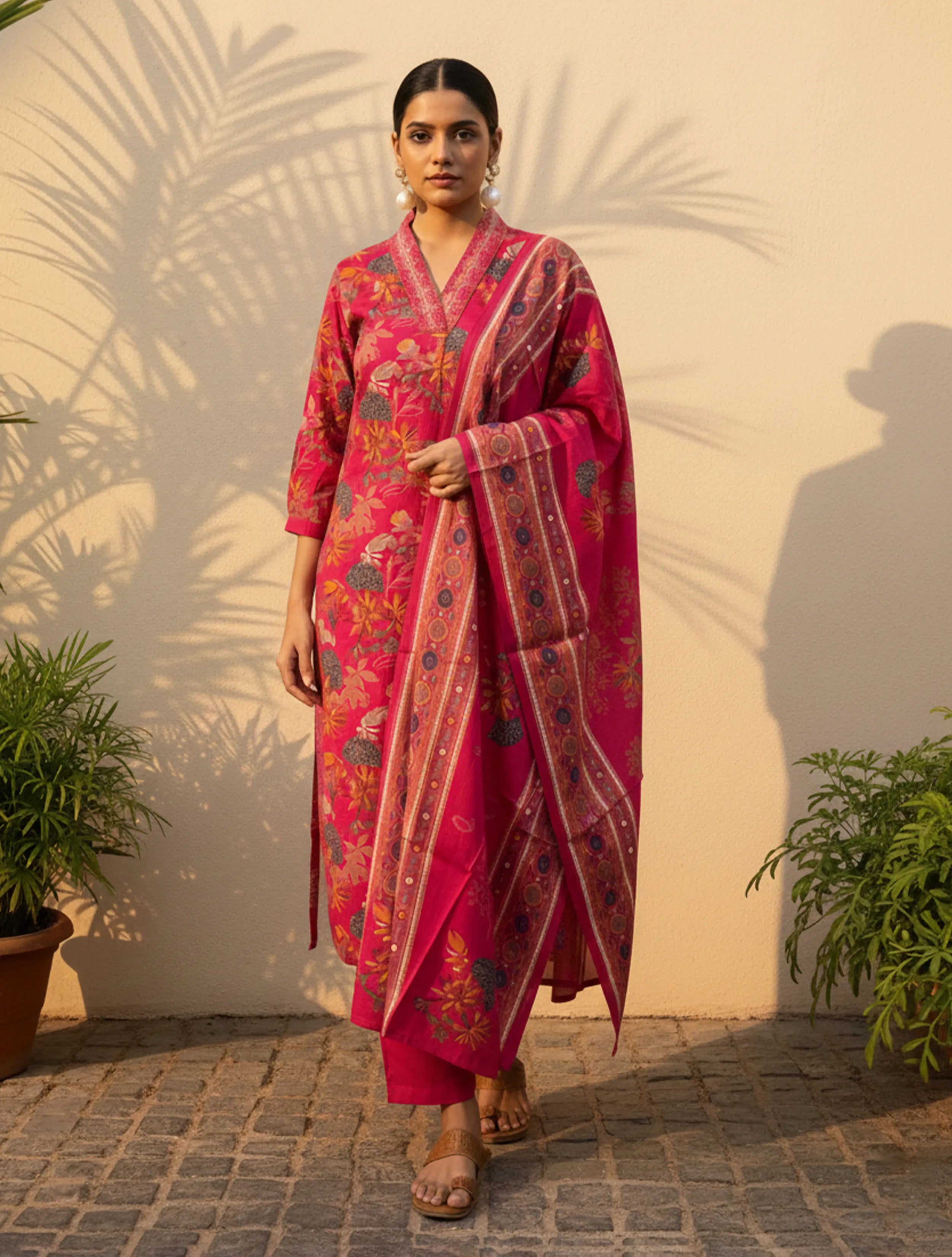trueBrowns Pink Floral Print Embroidered Kurta Pant Dupatta Set