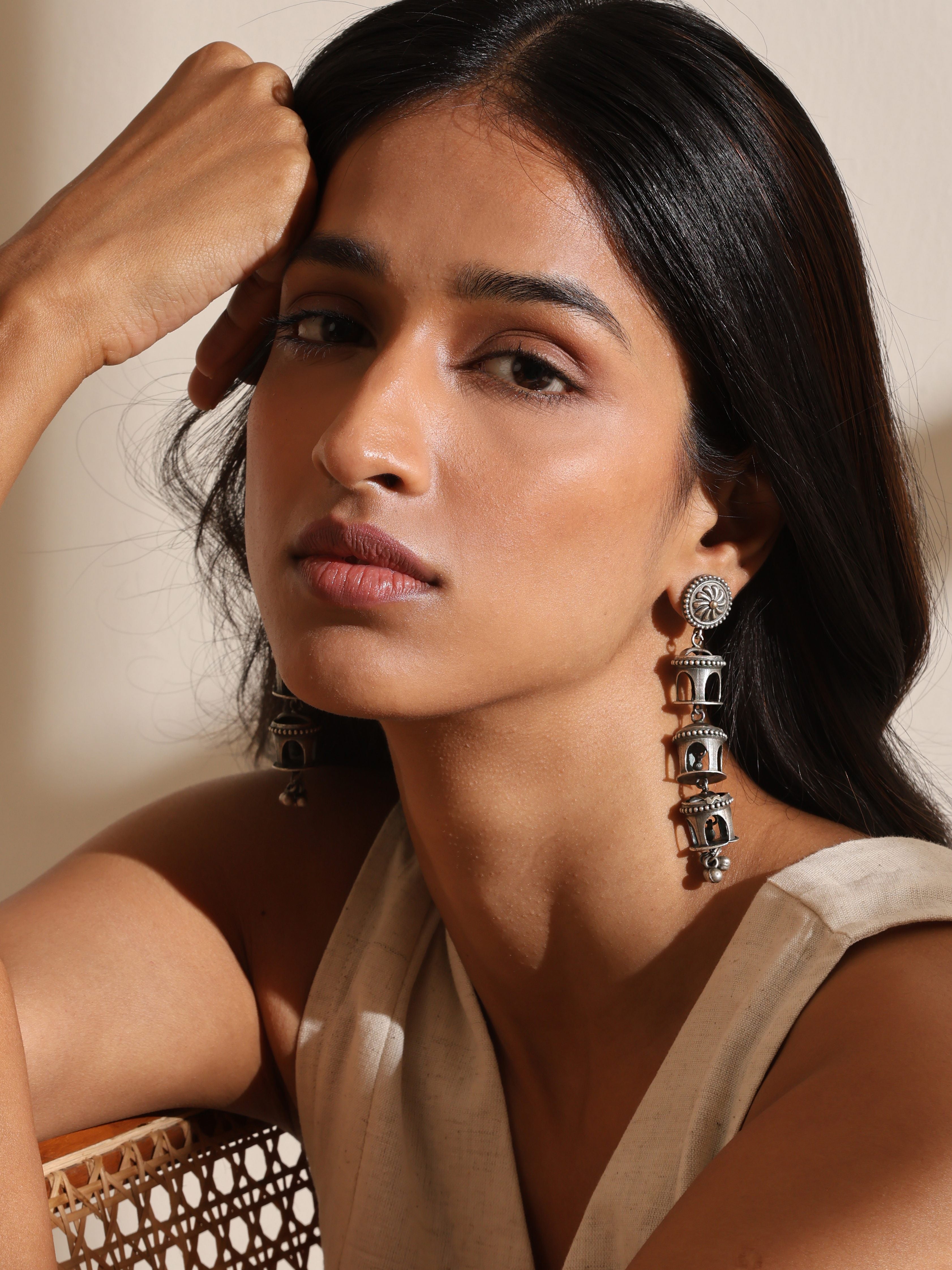 Silver-Plated Long Drop Minar Earrings