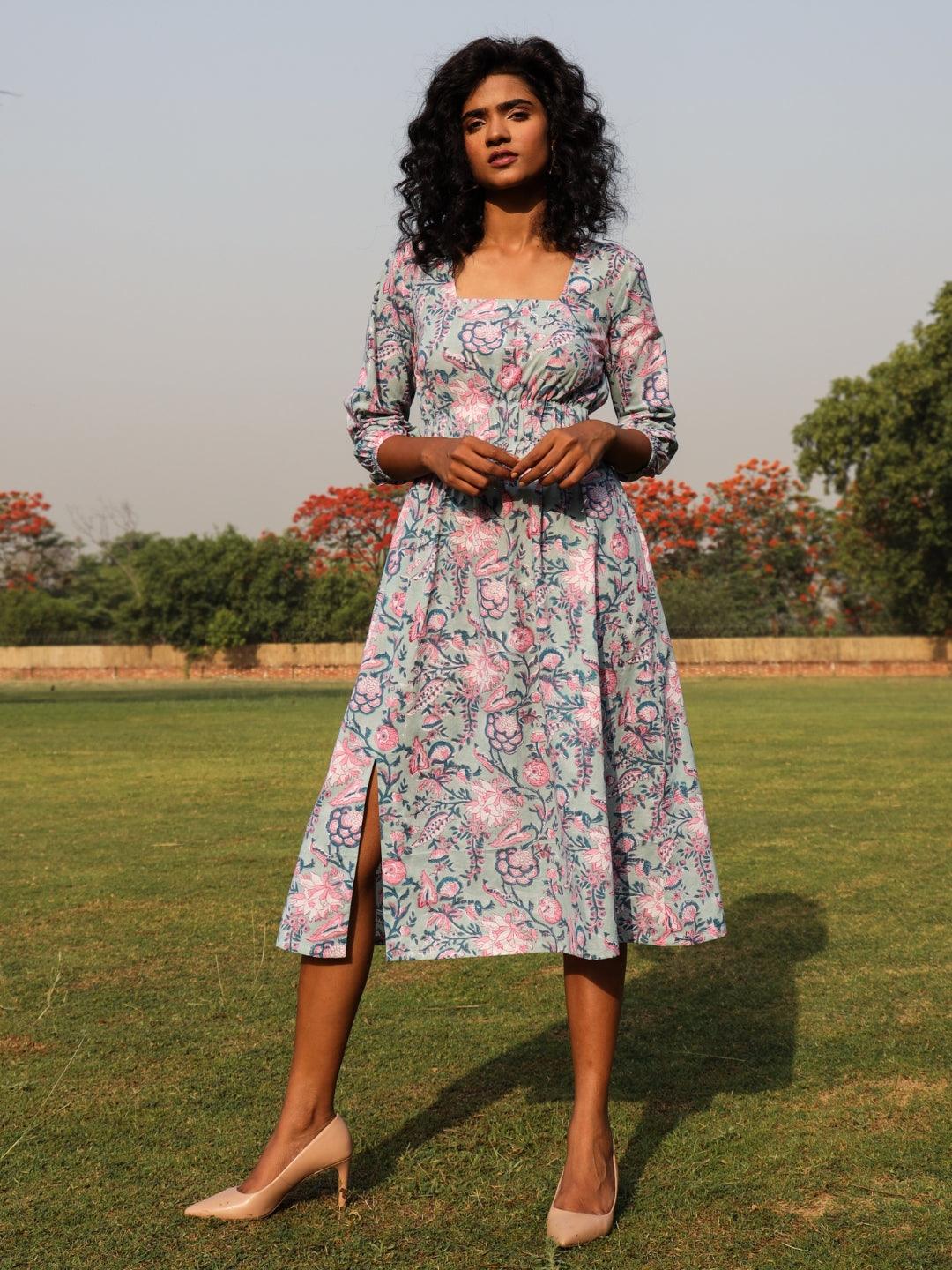 Powder Blue Cotton Block Print Square Neck Dress - trueBrowns