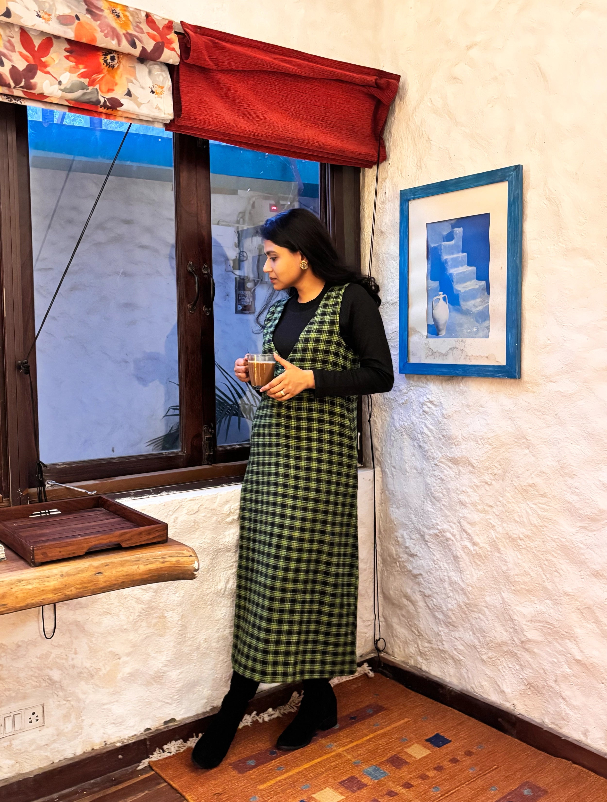 trueBrowns Green Black Sleeveless Check Woollen Dress