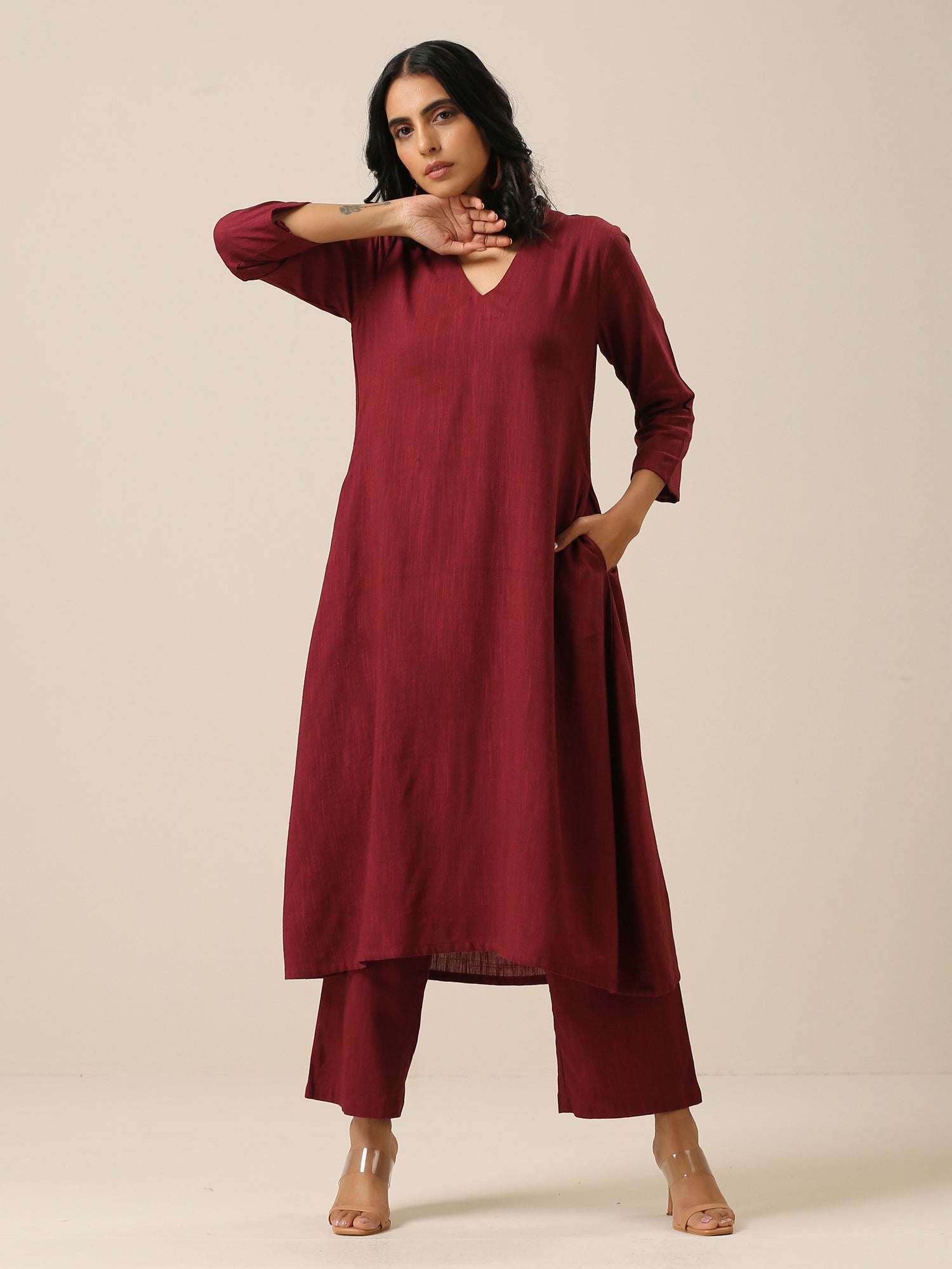 Ruby Wine Slub Texture Back Pleat Kurta Pant Set