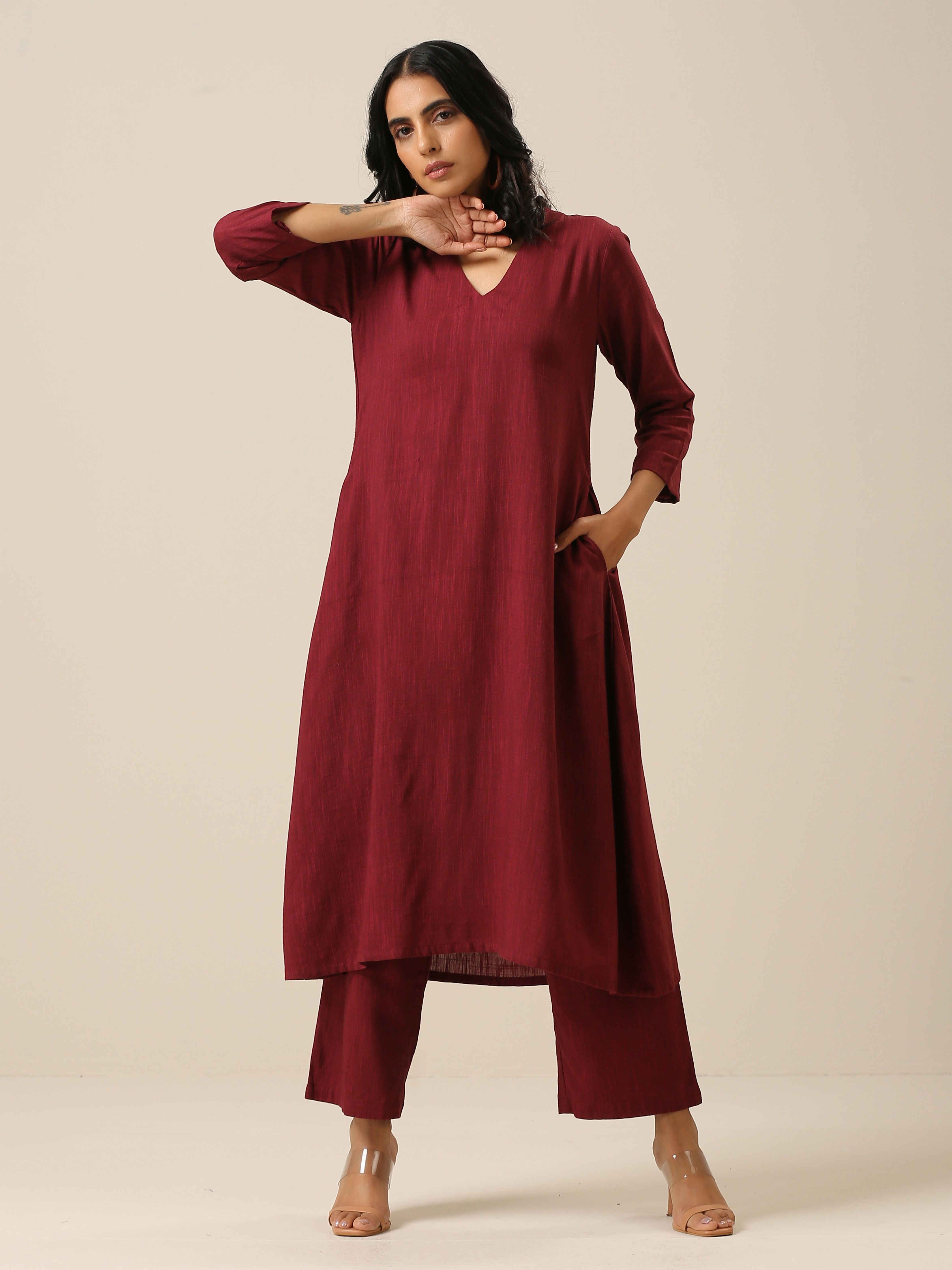 Ruby Wine Slub Texture Back Pleat Kurta Pant Set