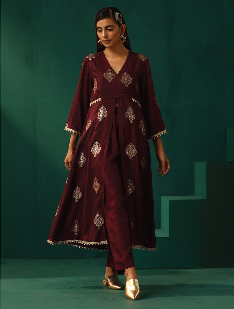 trueBrowns Wine Geometric Viscose Silk Kurta Pant Set
