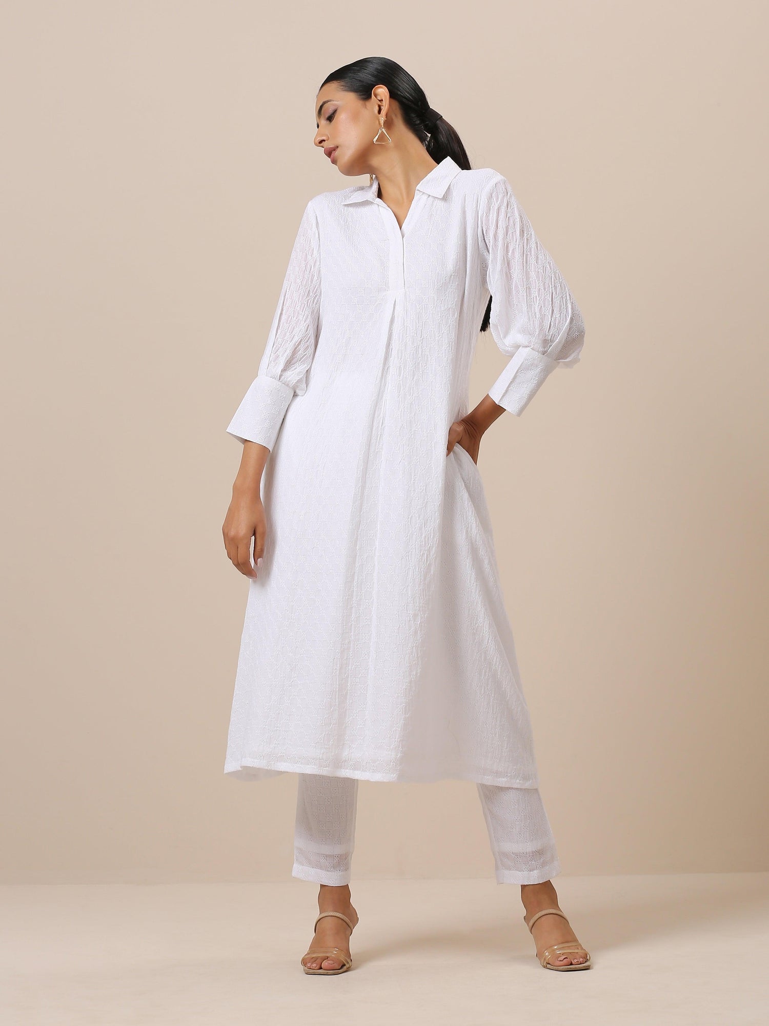 Cotton White Weave Collar Kurta Pant Set - trueBrowns