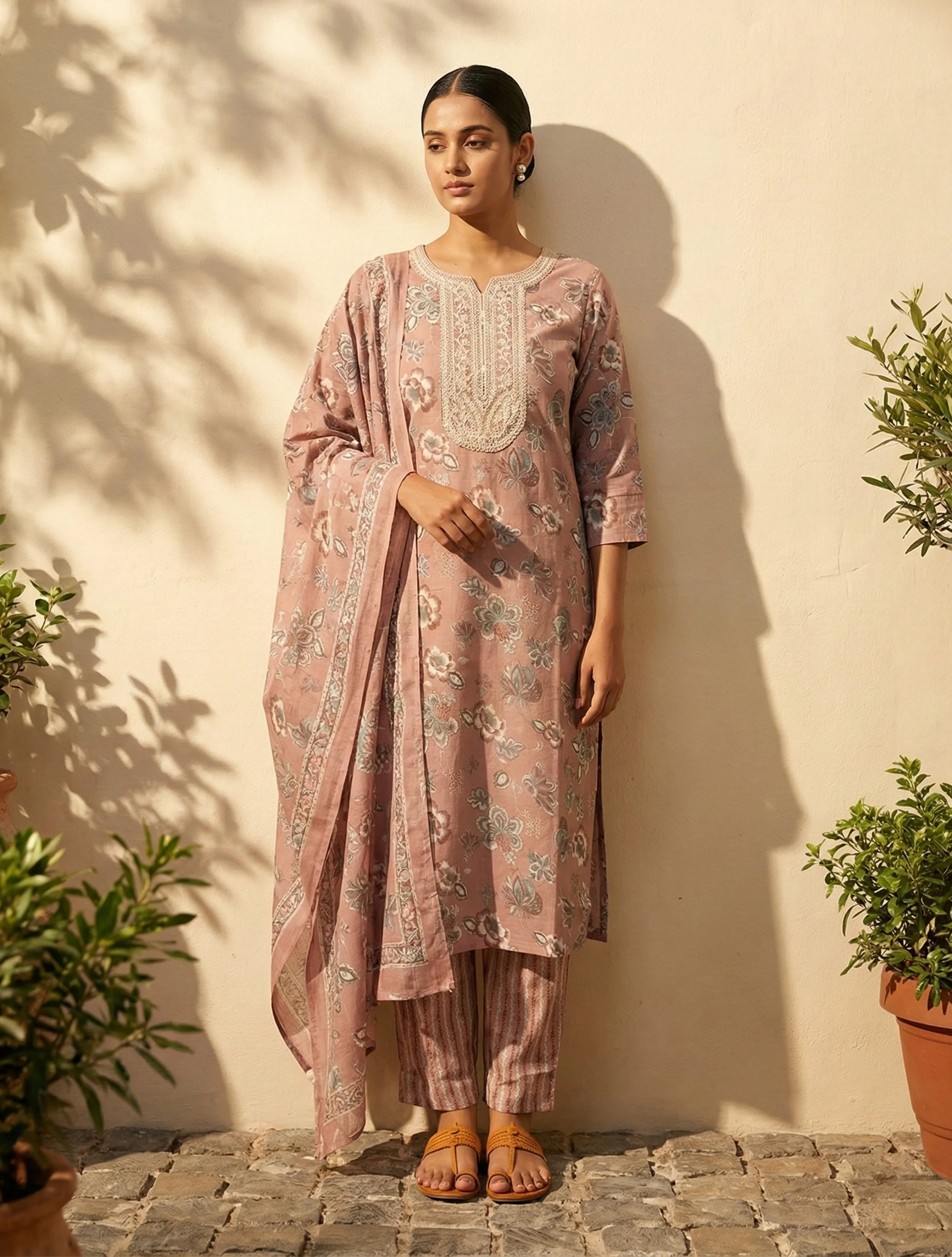 trueBrowns Light Pink Floral Print Kurta Pant Dupatta Set
