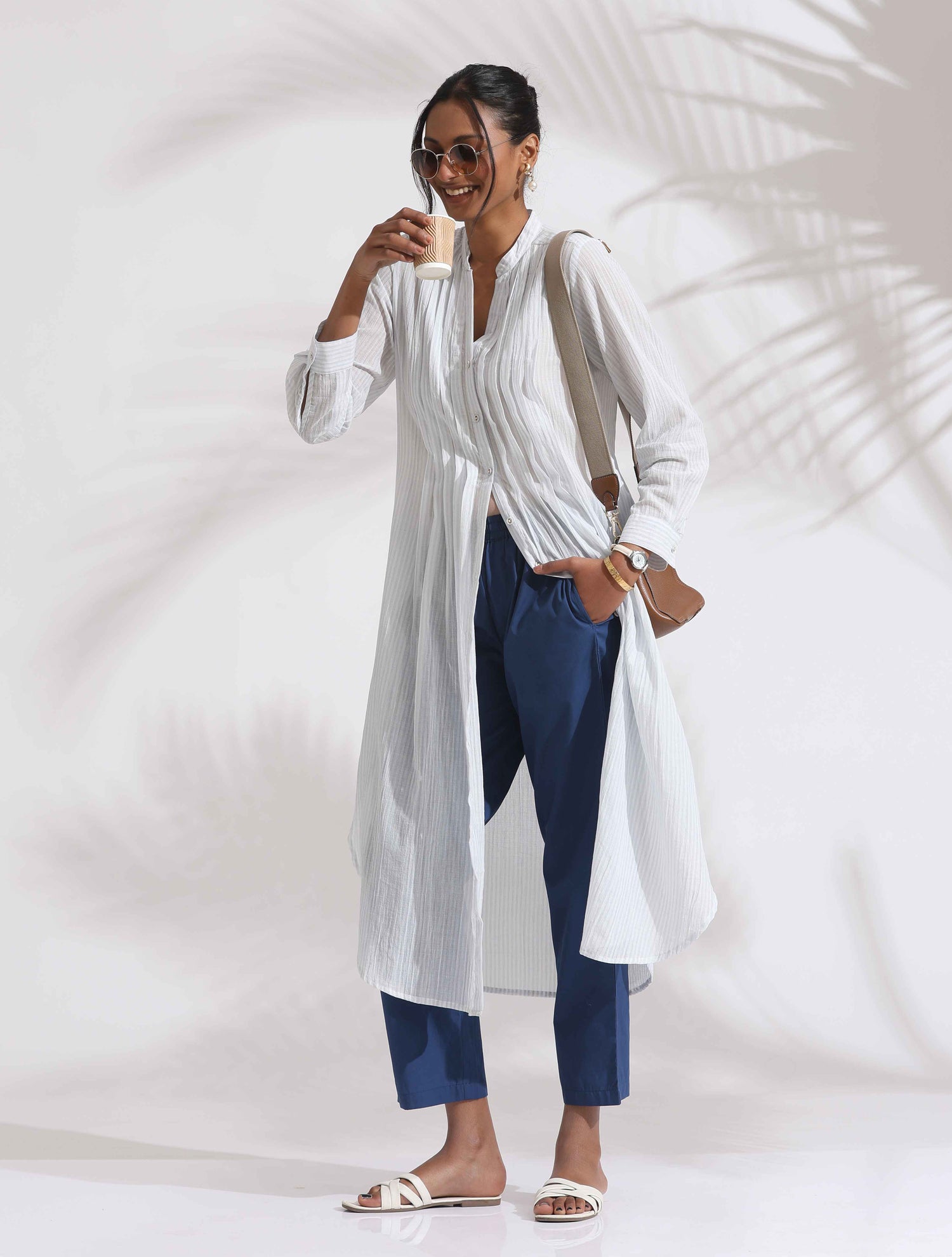 trueBrowns White Cotton Stripe Pleated Shirt Kurta Set