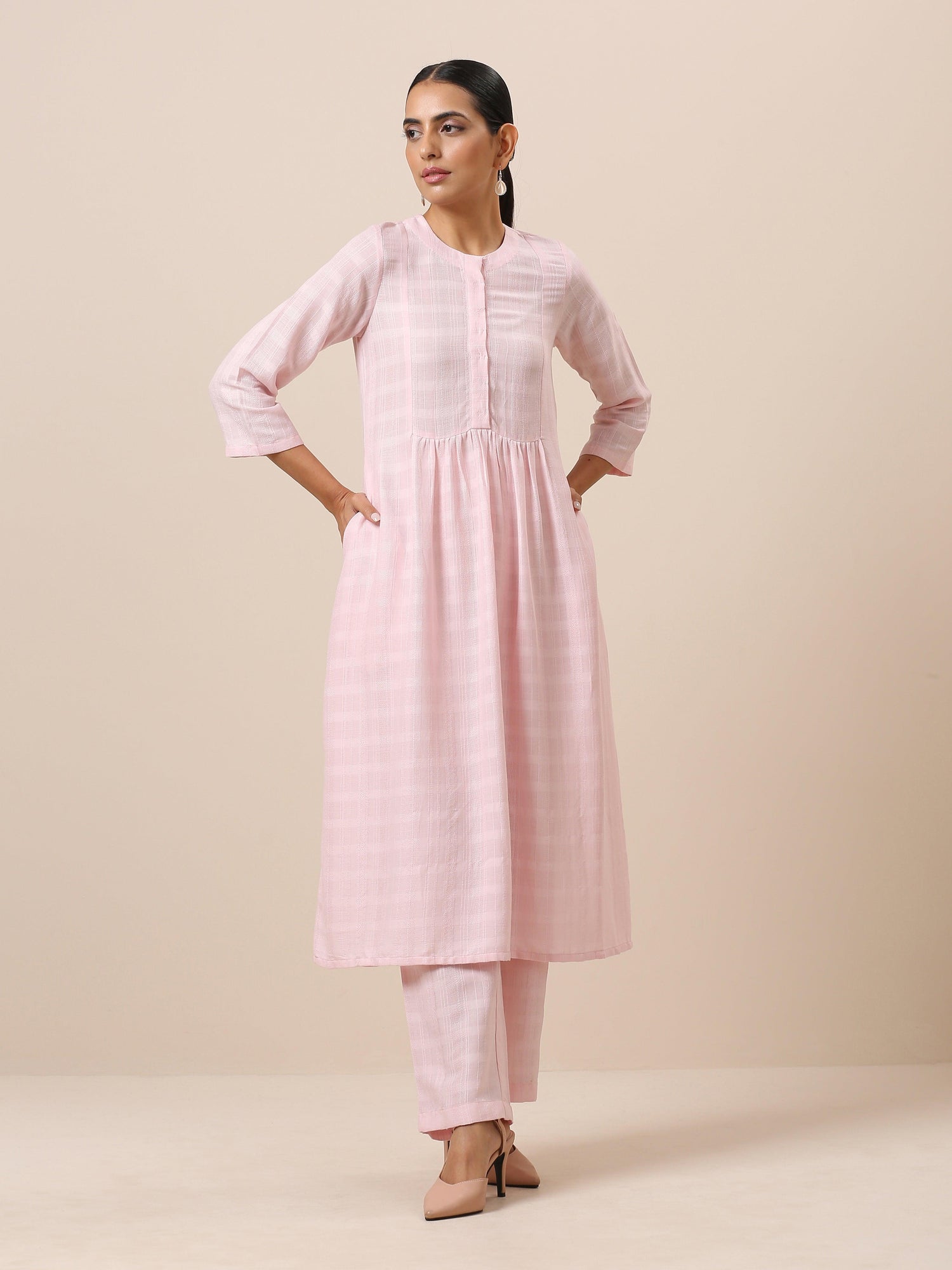 Cotton Rose Pink Flared Kurta Pant Set - trueBrowns