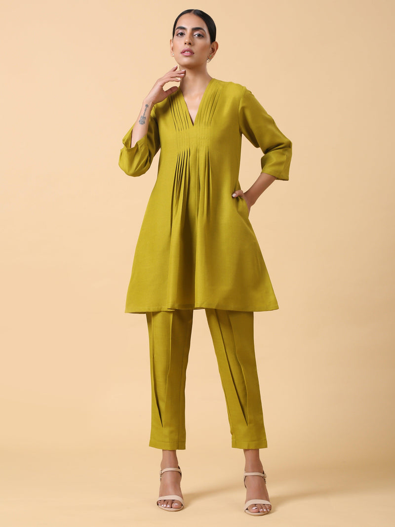 Cotton Linen Lime Green Pleated Co-Ord Set - trueBrowns