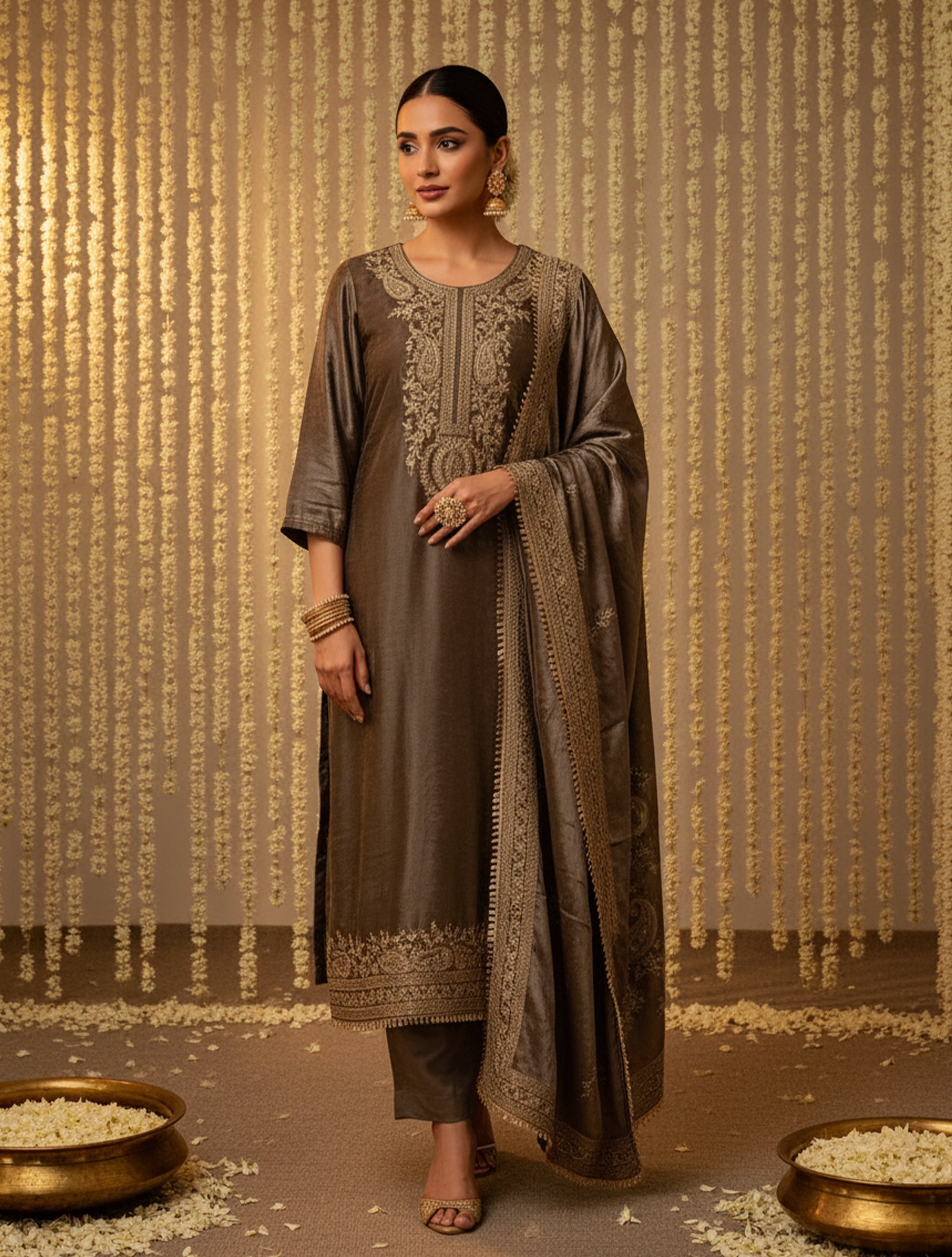 trueBrowns Velvet Grey Gleam Embroidered Kurta Pants Dupatta Set