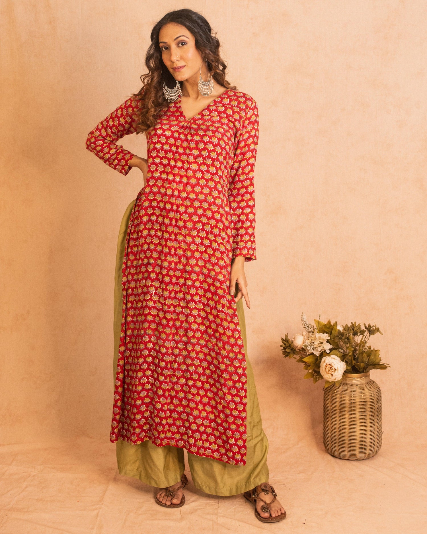 Red Hand Block Printed Slit Silk Kurta Palazzo Set - trueBrowns