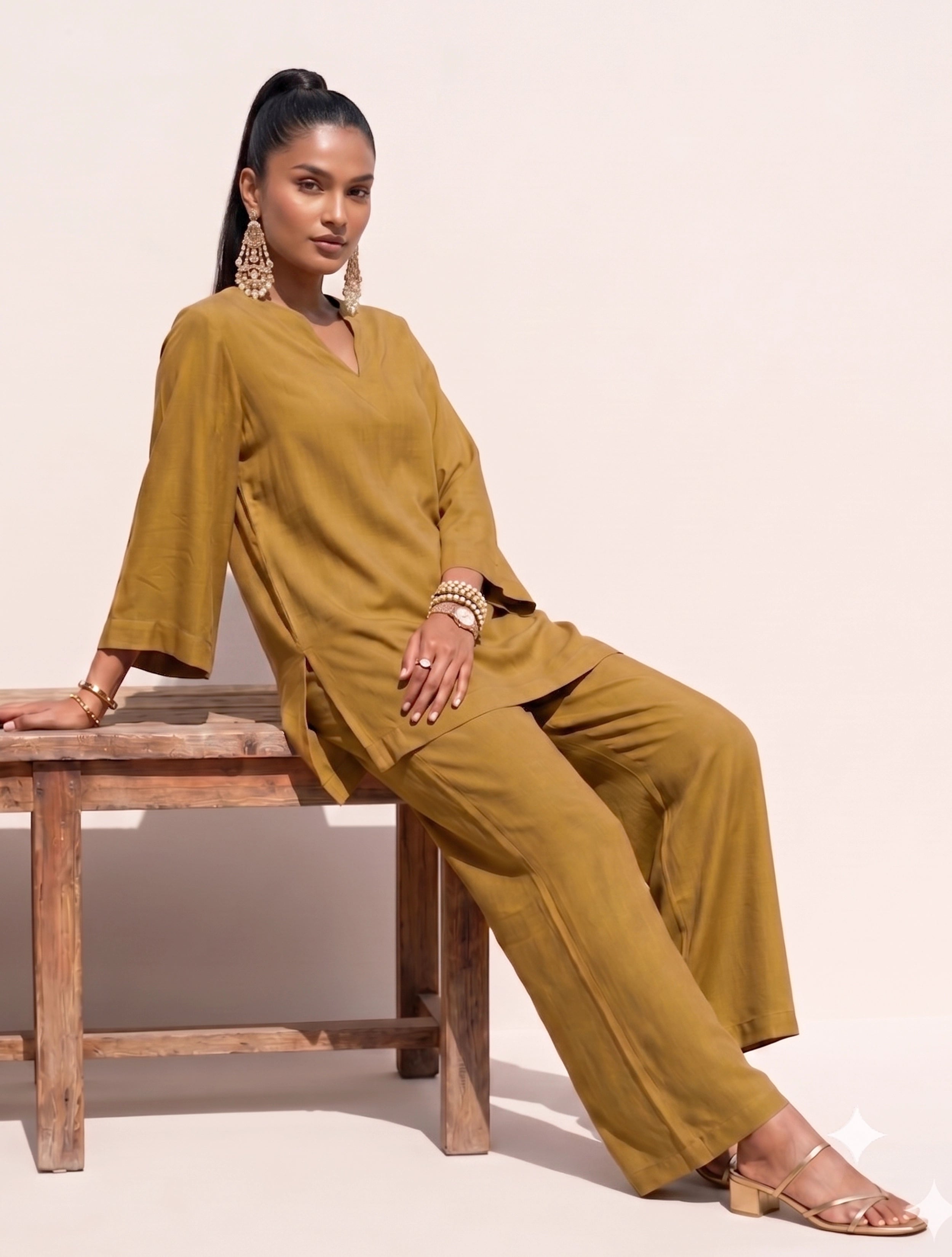 trueBrowns Olive Brown Solid Viscose Co-ord Set