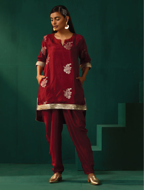 trueBrowns Maroon Floral Viscose Silk Co-ord Set