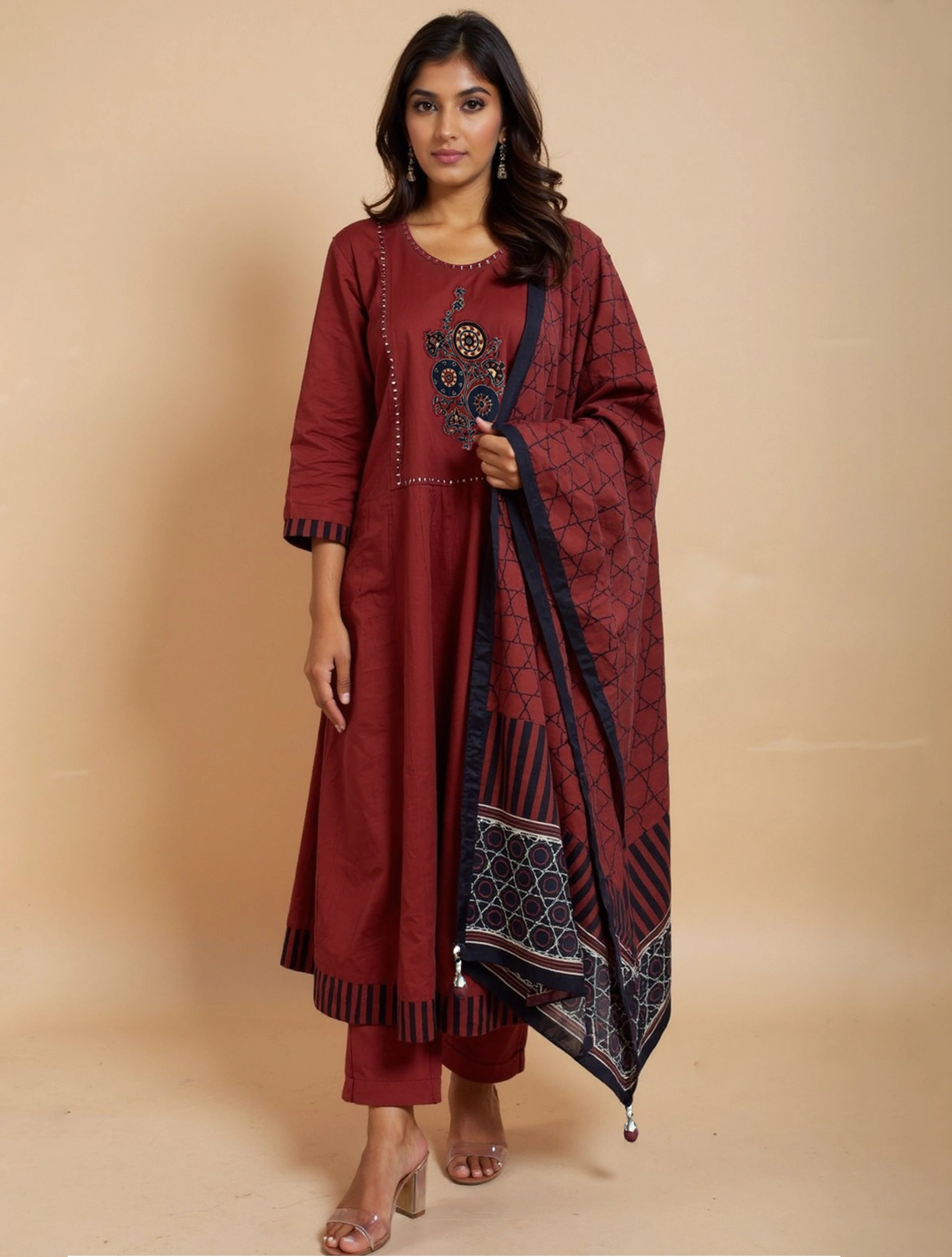 trueBrowns Maroon A-line Kurta Pant Dupatta Set