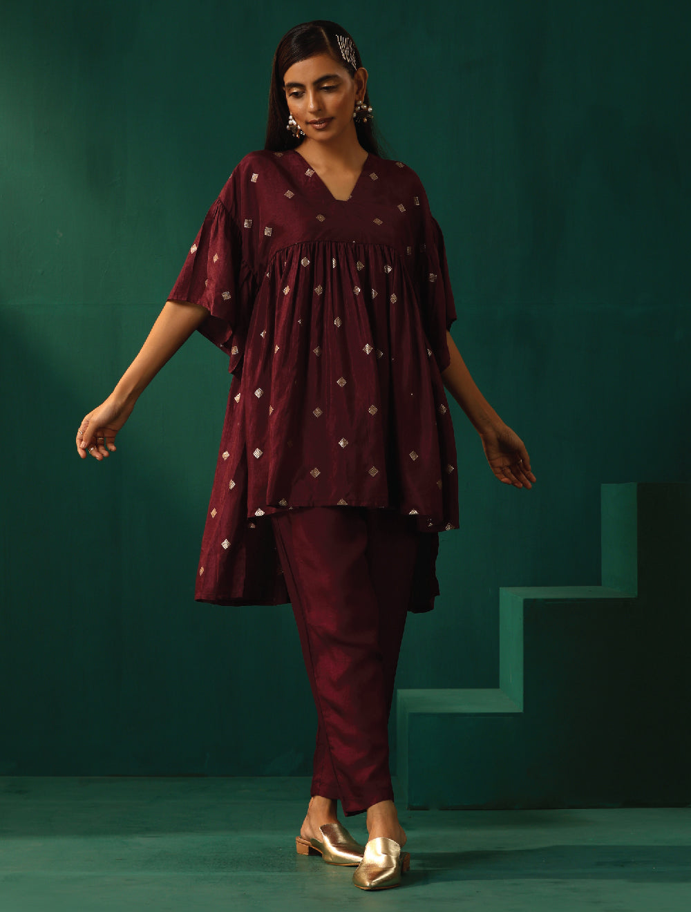 trueBrowns Wine Diamond Viscose Silk Co-ord Set