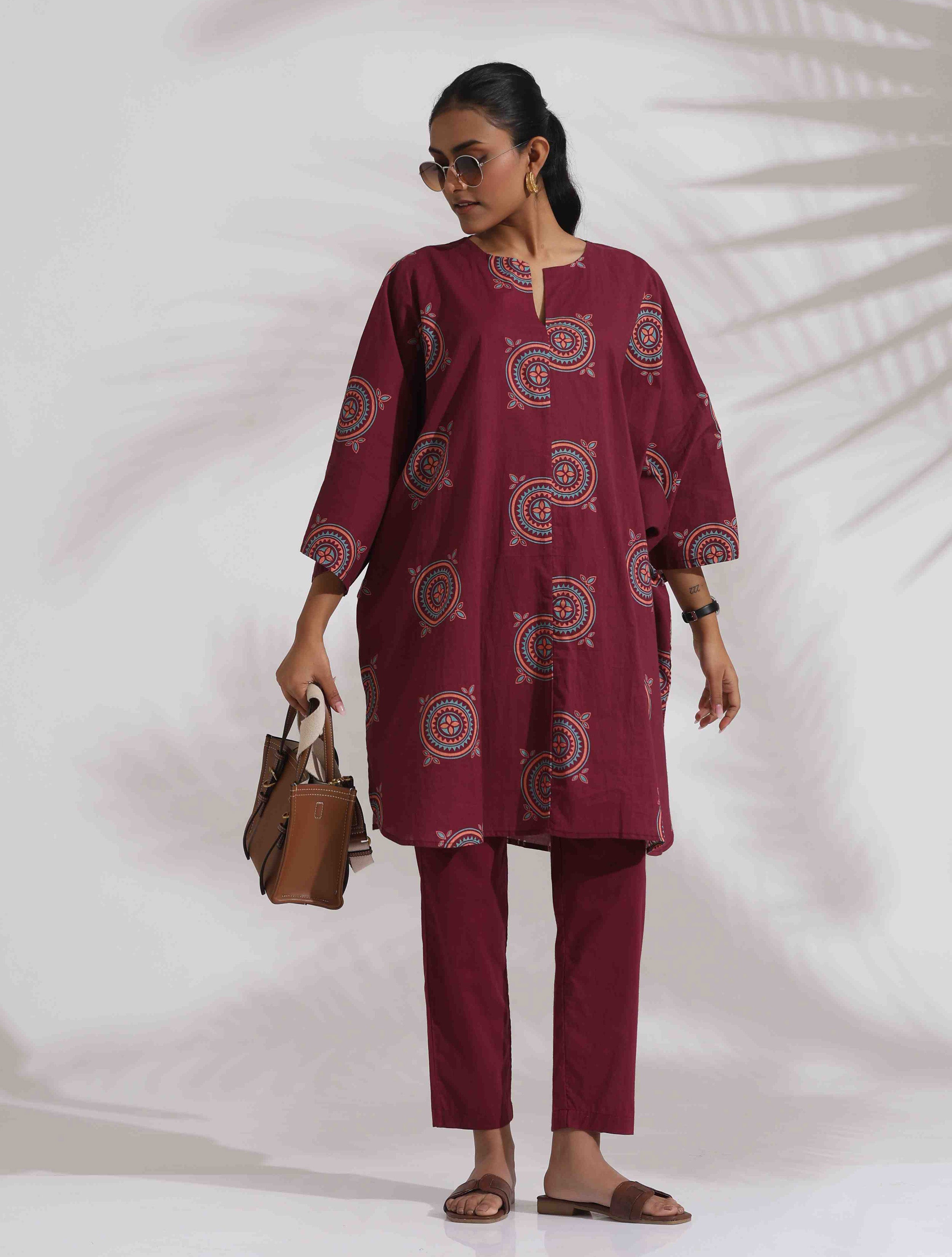 trueBrowns Purple Cotton Print Kurta Co-ord Set