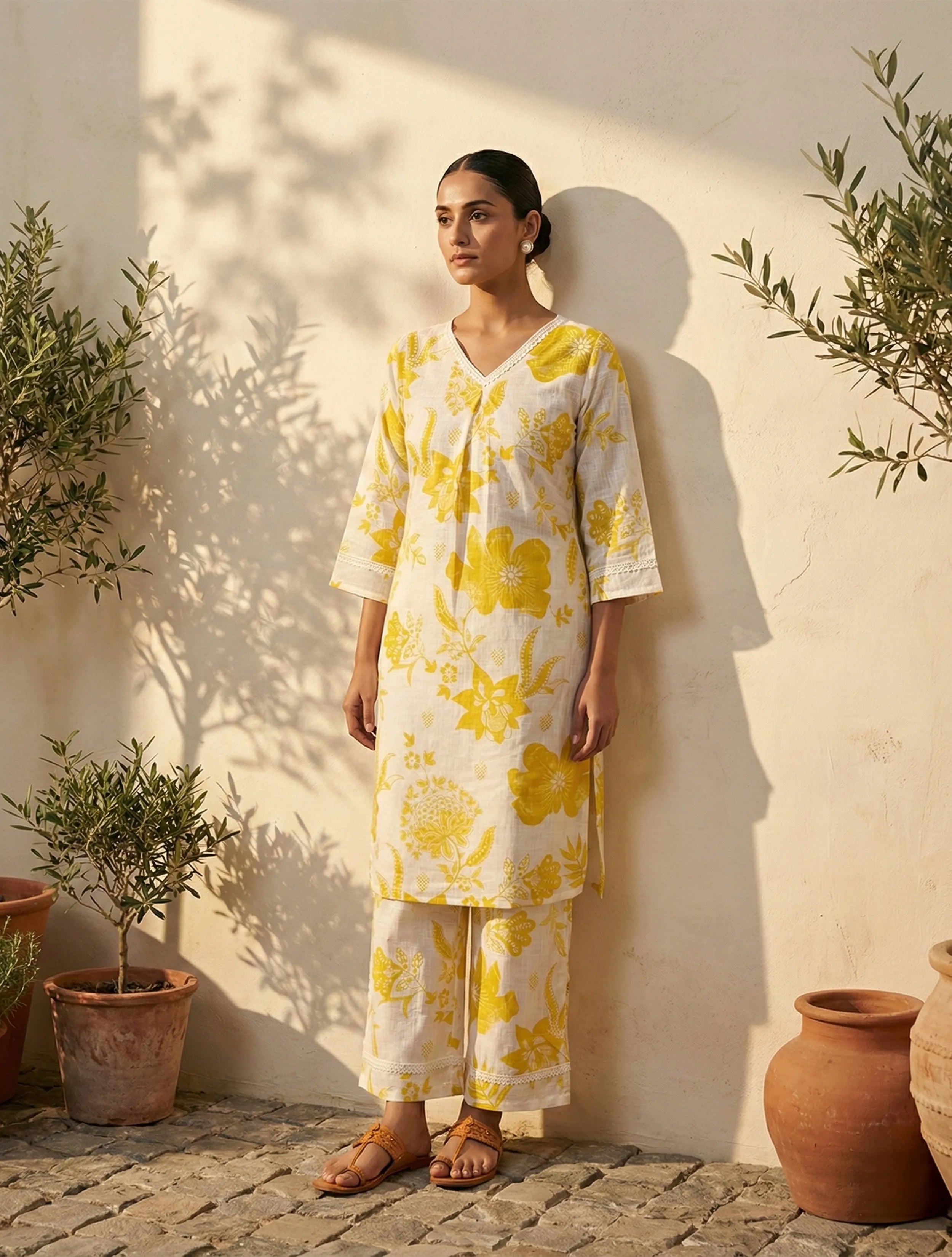 trueBrowns White Yellow Floral Print Kurta Pant Set