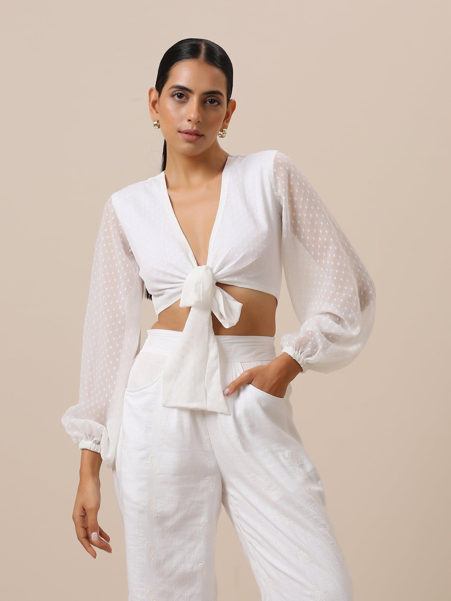 Chiffon White Dobby Tie Up Top - trueBrowns