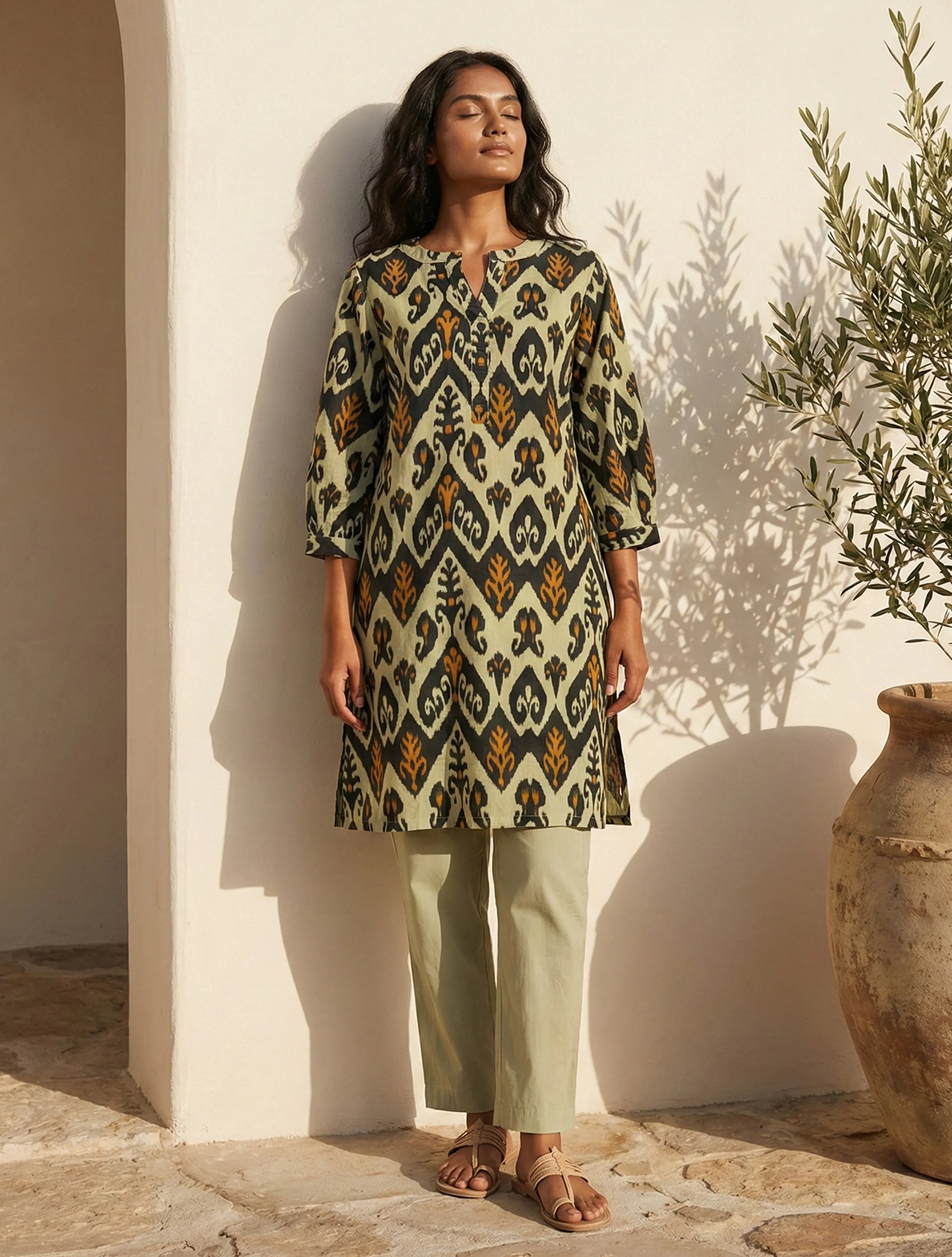 trueBrowns Mint Green Ikat Print Cotton Relaxed Kurta Co-Ord Set