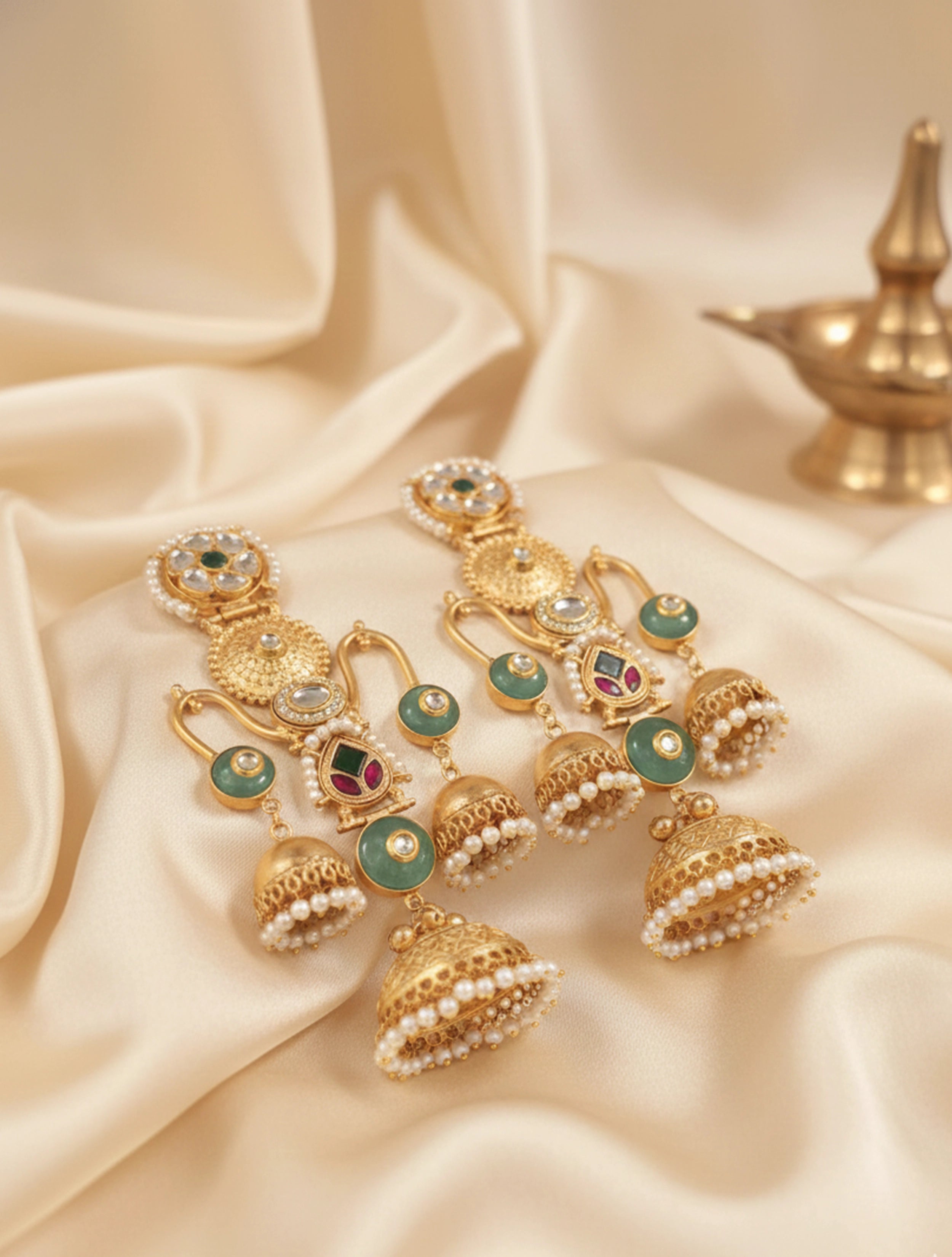 trueBrowns Kashmiri Green Kundan Pearl Earrings