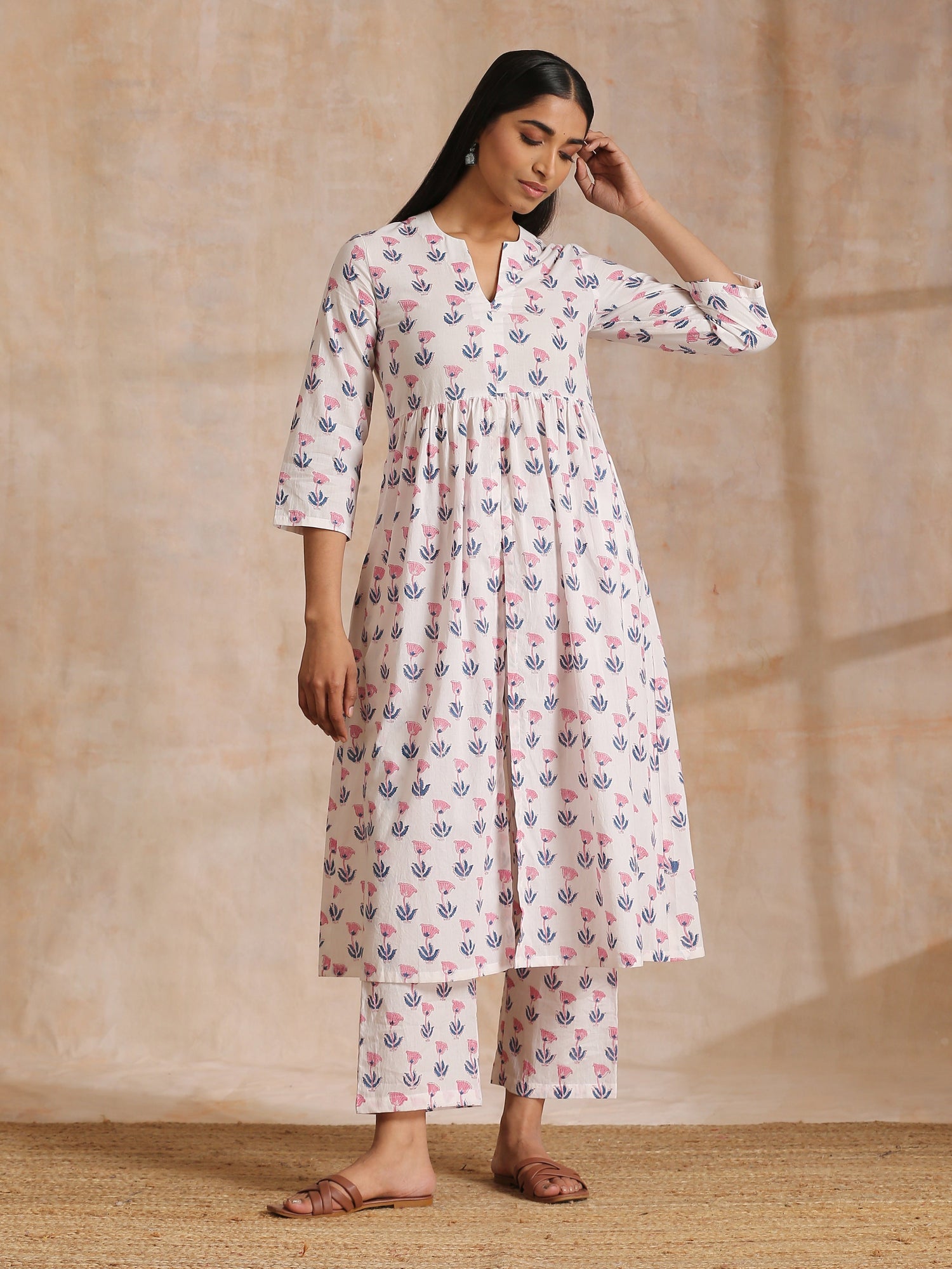 White With Pink Blue Buta Block Print Cotton Kurta Pant Set