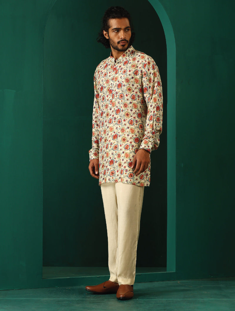 trueBrowns Men Off White Floral Bunch Muslin Silk Printed Co-ord Set