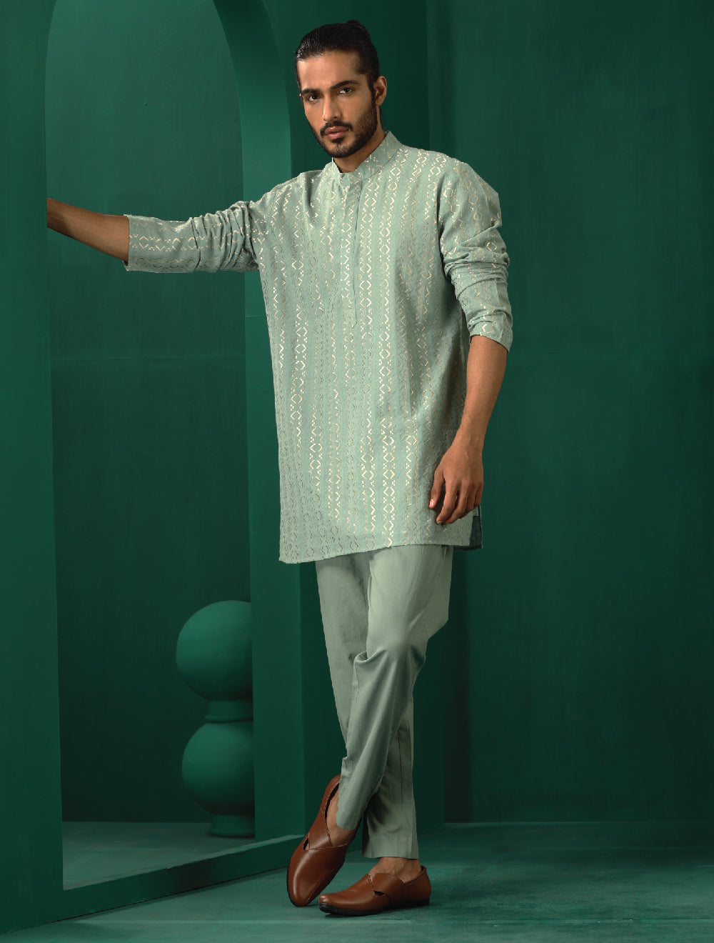 trueBrowns Men Mint Green Dobby Co-ord Set