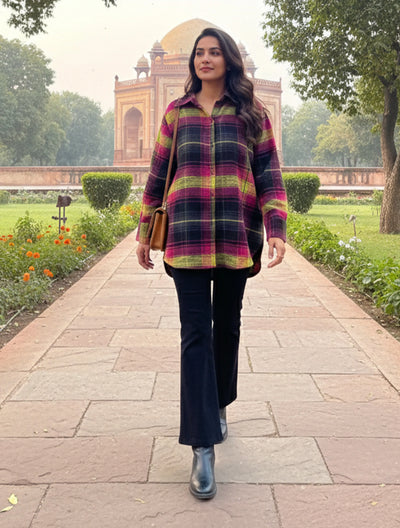 trueBrowns Pink Lime Check Woollen Shirt Top