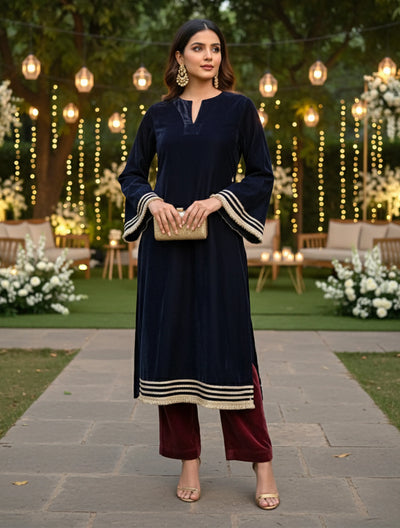 trueBrowns Navy High Slit Velvet Kurta