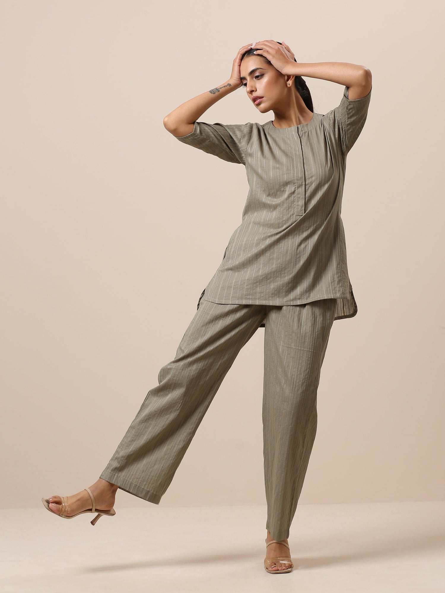 Cotton Olive Green Short Co-Ord Set - trueBrowns