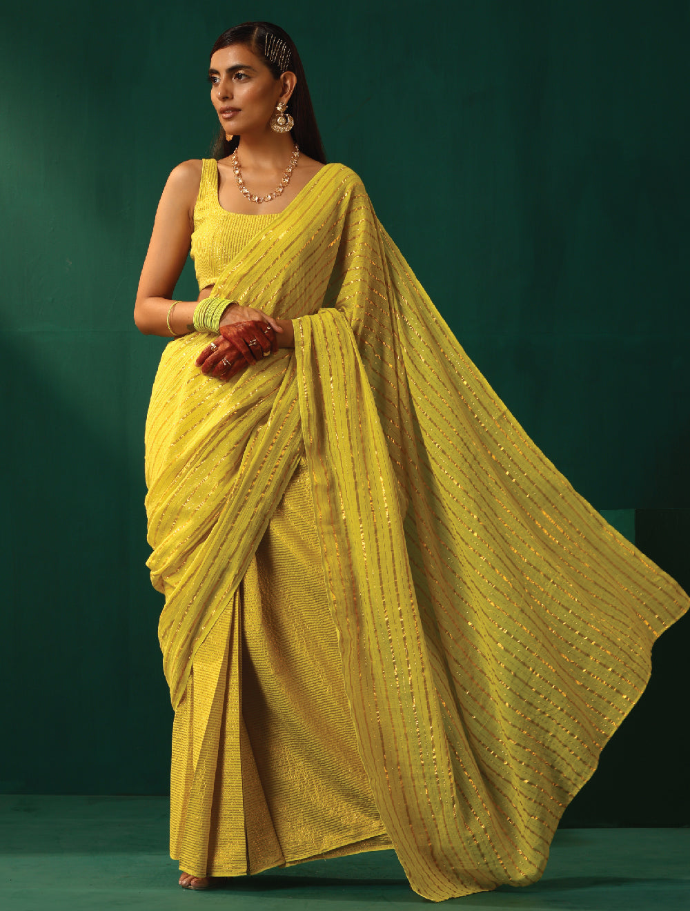 trueBrowns Lime Cotton Gold Striped Ready To Wear Saree
