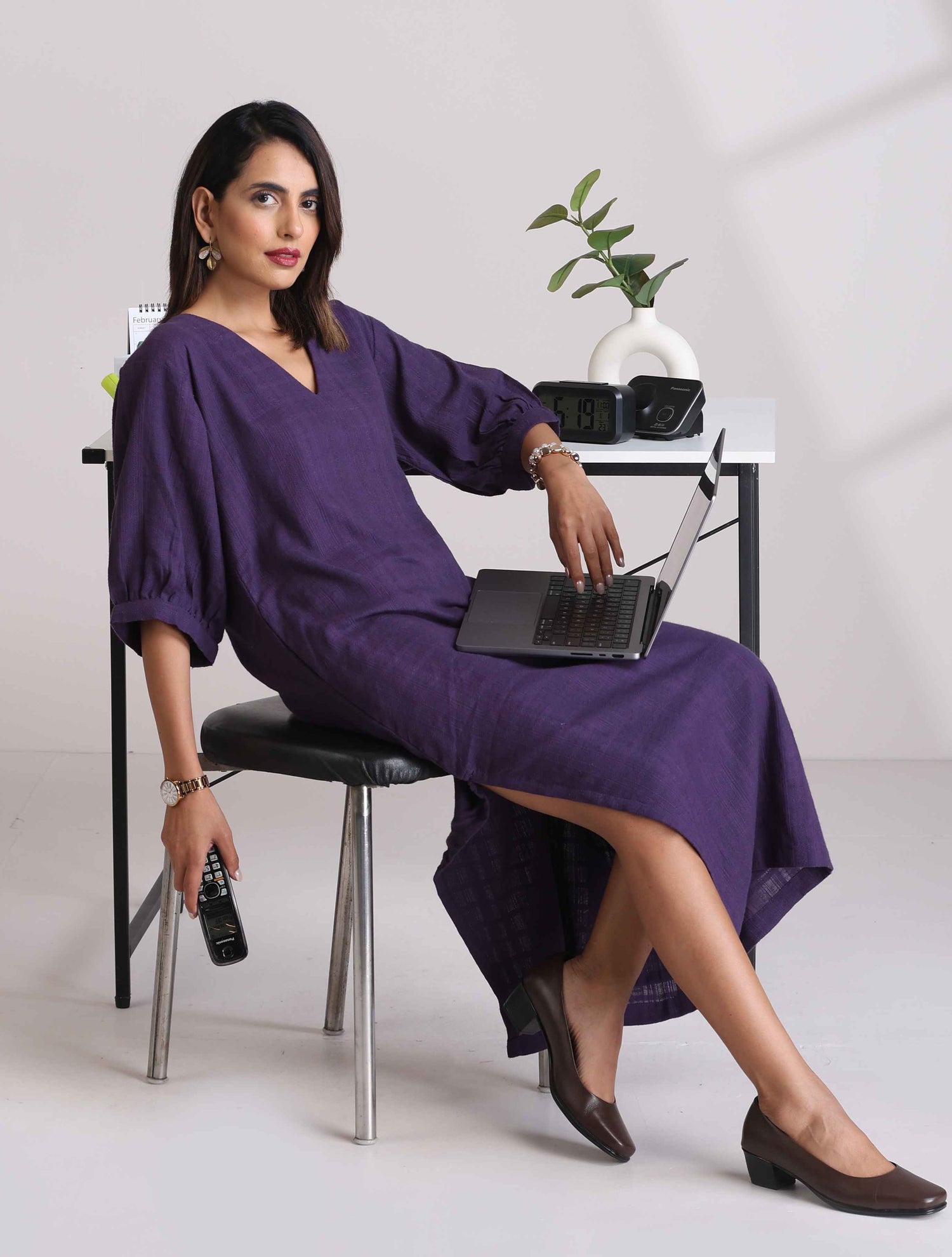 trueBrowns Purple Cotton Dobby Slit Dress