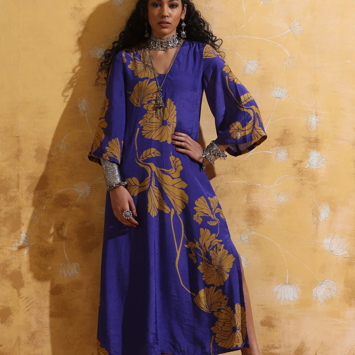 trueBrowns Purple Mustard Floral Print Muslin Silk Straight Maxi Dress trueBrowns Purple Mustard Floral Print Muslin Silk Straight Maxi Dress