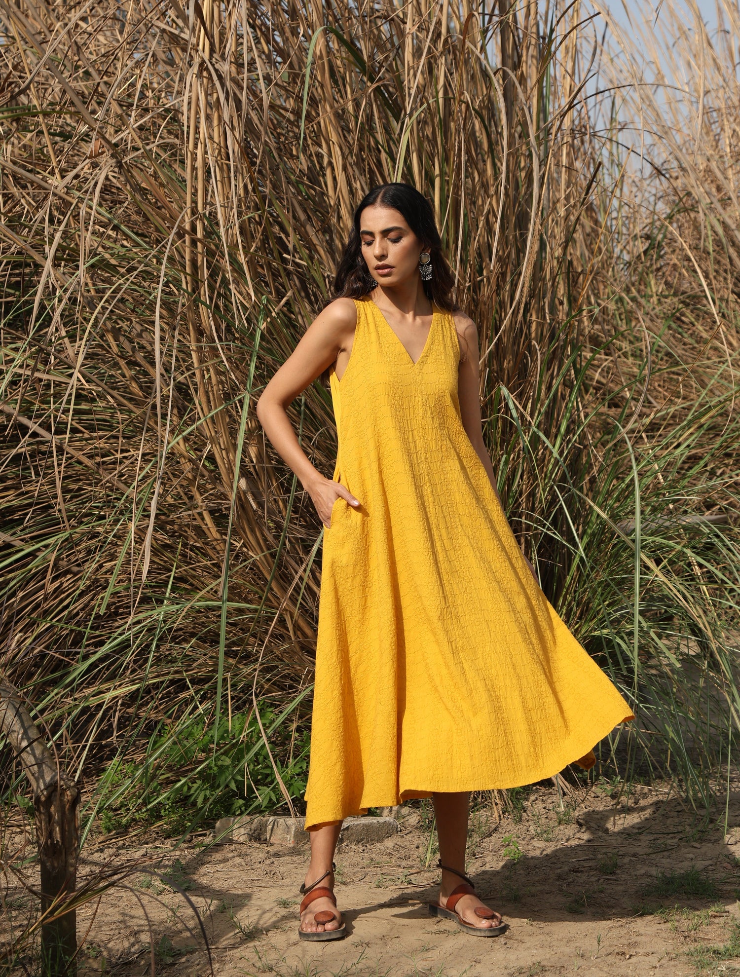 trueBrowns Mustard Cotton Embroidered Flared Dress